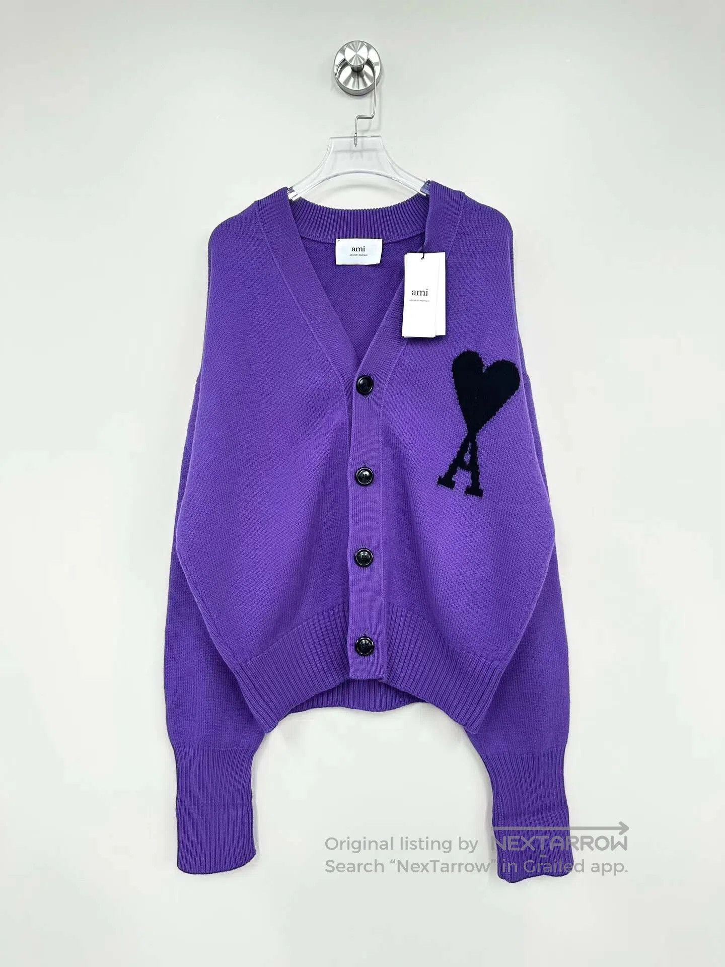 AMI Ami Purple heart jacquard logo knitted cardigan jacket| Size M / US 6-8 / IT 42-44 - 1 Thumbnail