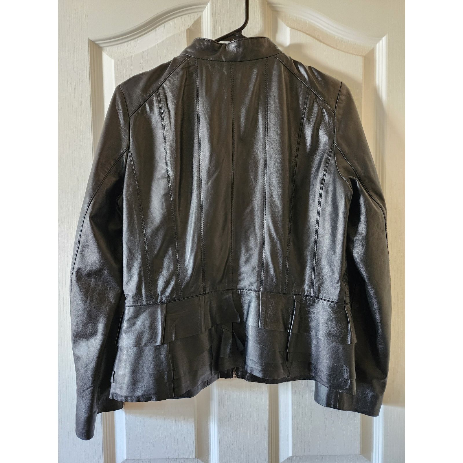 Nordstrom Halogen Genuine Leather Jacket M Tiered Ruffle Peplum Moto Size M / US 6-8 / IT 42-44 - 2 Thumbnail