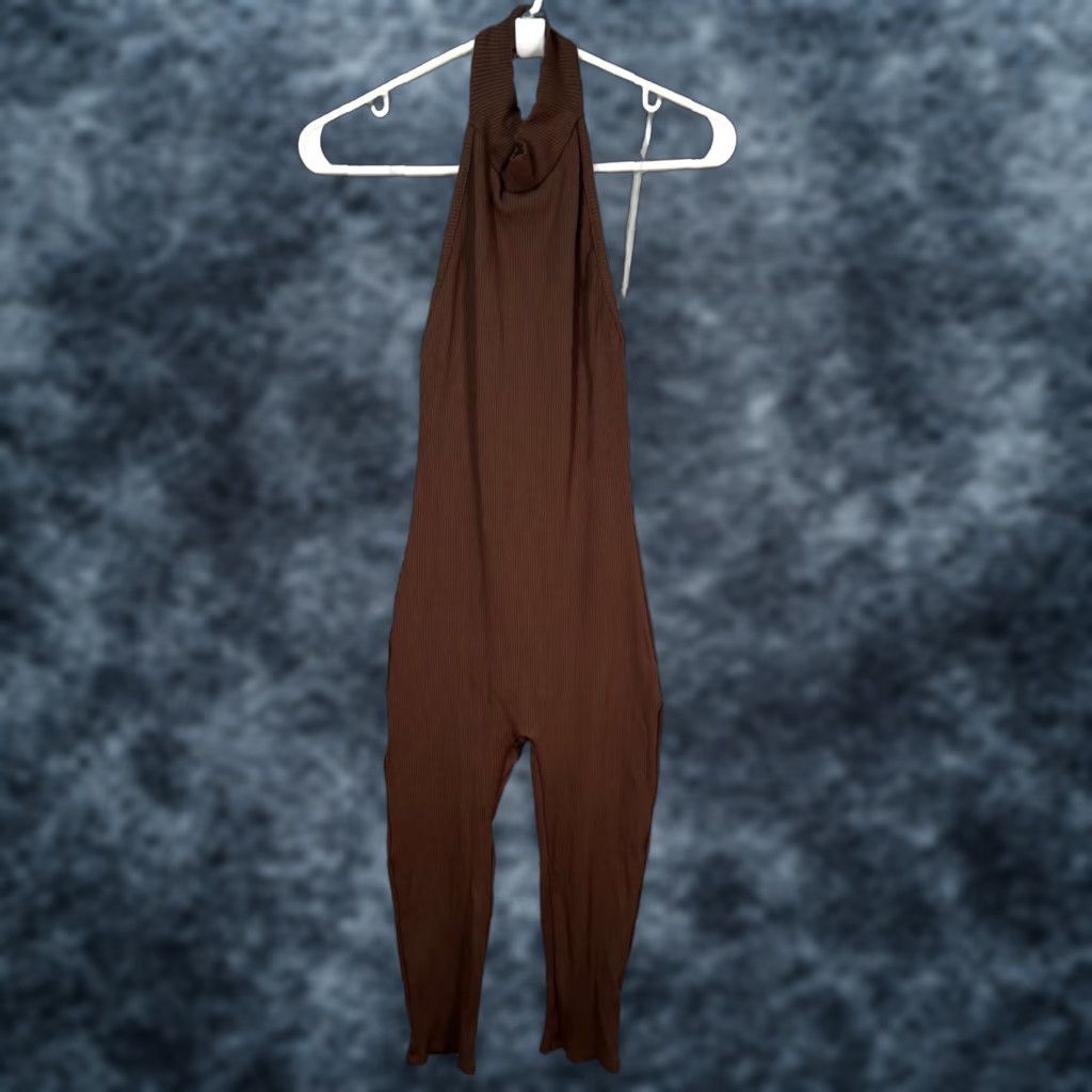 Fashion Nova Fashion Nova Womens Small Brown Sleeveless Halter Jumpsuit NEW! One-Piece Card: Ribbed Spandex Rayon Casual Size 28" / US 6 / IT 42 - 1 Thumbnail