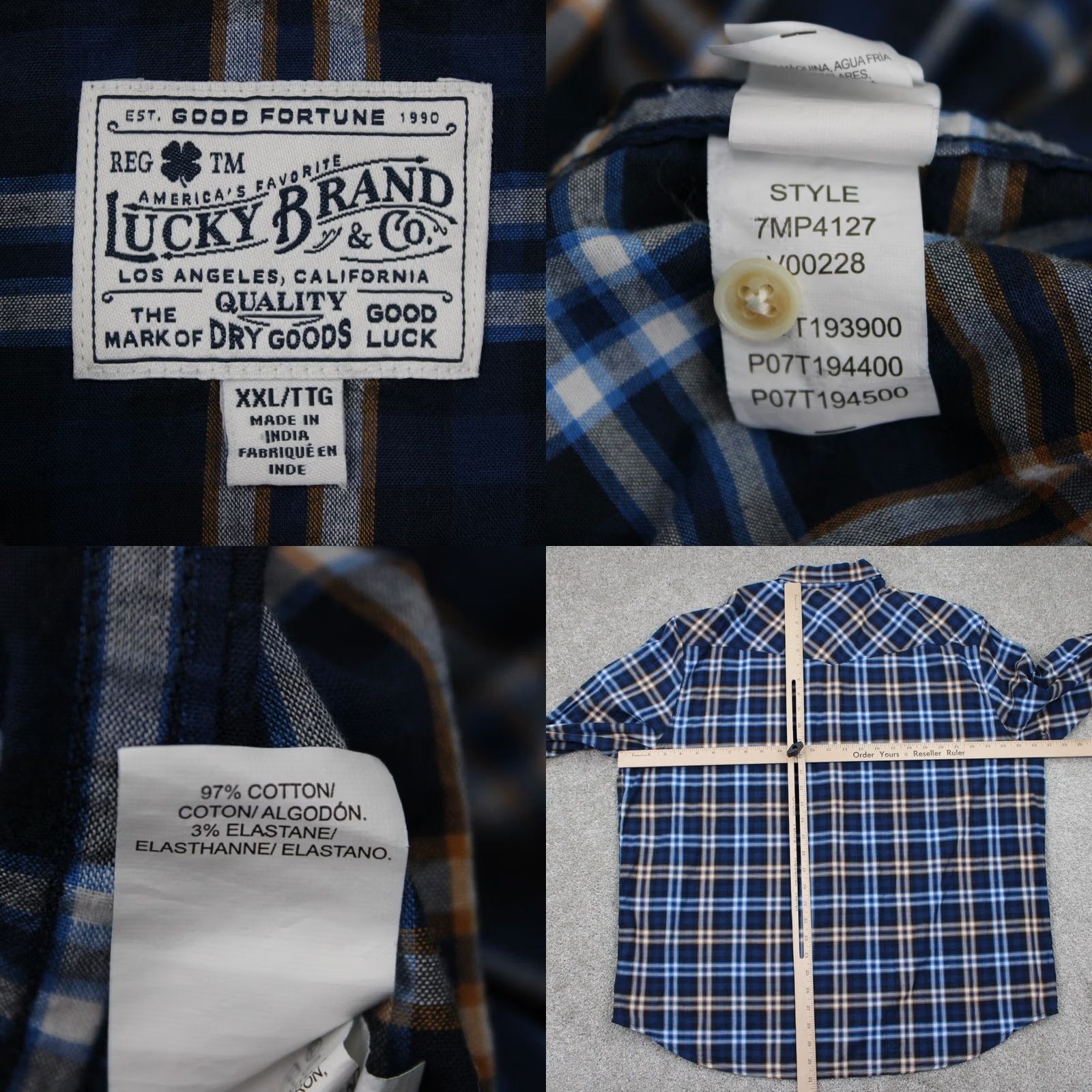 Lucky Brand Lucky Brand Pearl Snap Shirt Men 2XL Plaid Long Sleeve Blue Yellow Cotton Stretch Western Cowboy Vintage No Size US XXL / EU 58 / 5 - 8 Thumbnail
