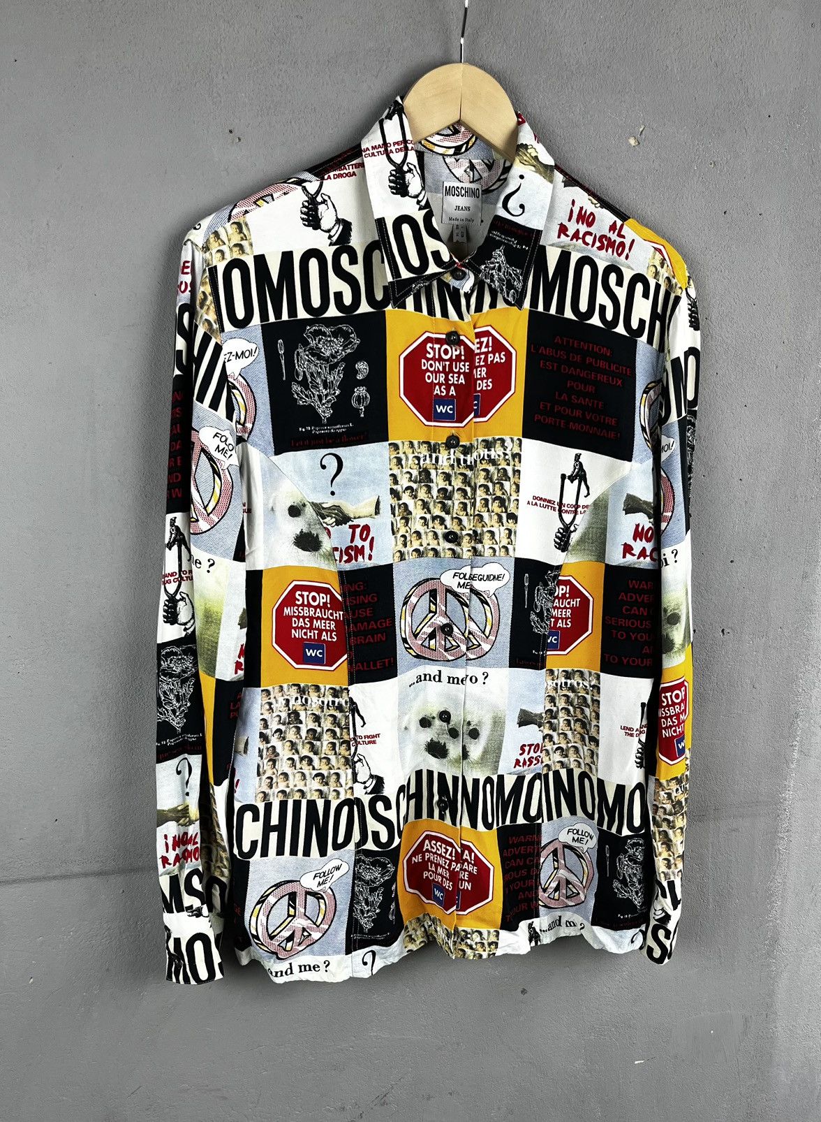 Moschino 1990s Moschino multicoloured viscose "No to racism" shirt Size M / US 6-8 / IT 42-44 - 1 Thumbnail