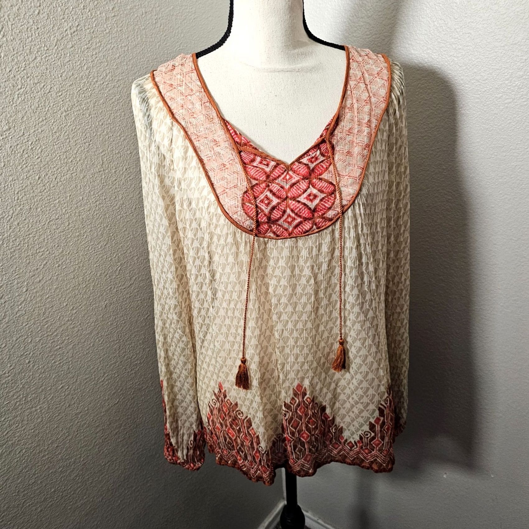 Lucky Brand Lucky Brand Top Shirt Regular Womens L Brown Red Paisley Long Sleeve Sheer Booth Blouse Size L / US 10 / IT 46 - 2 Thumbnail