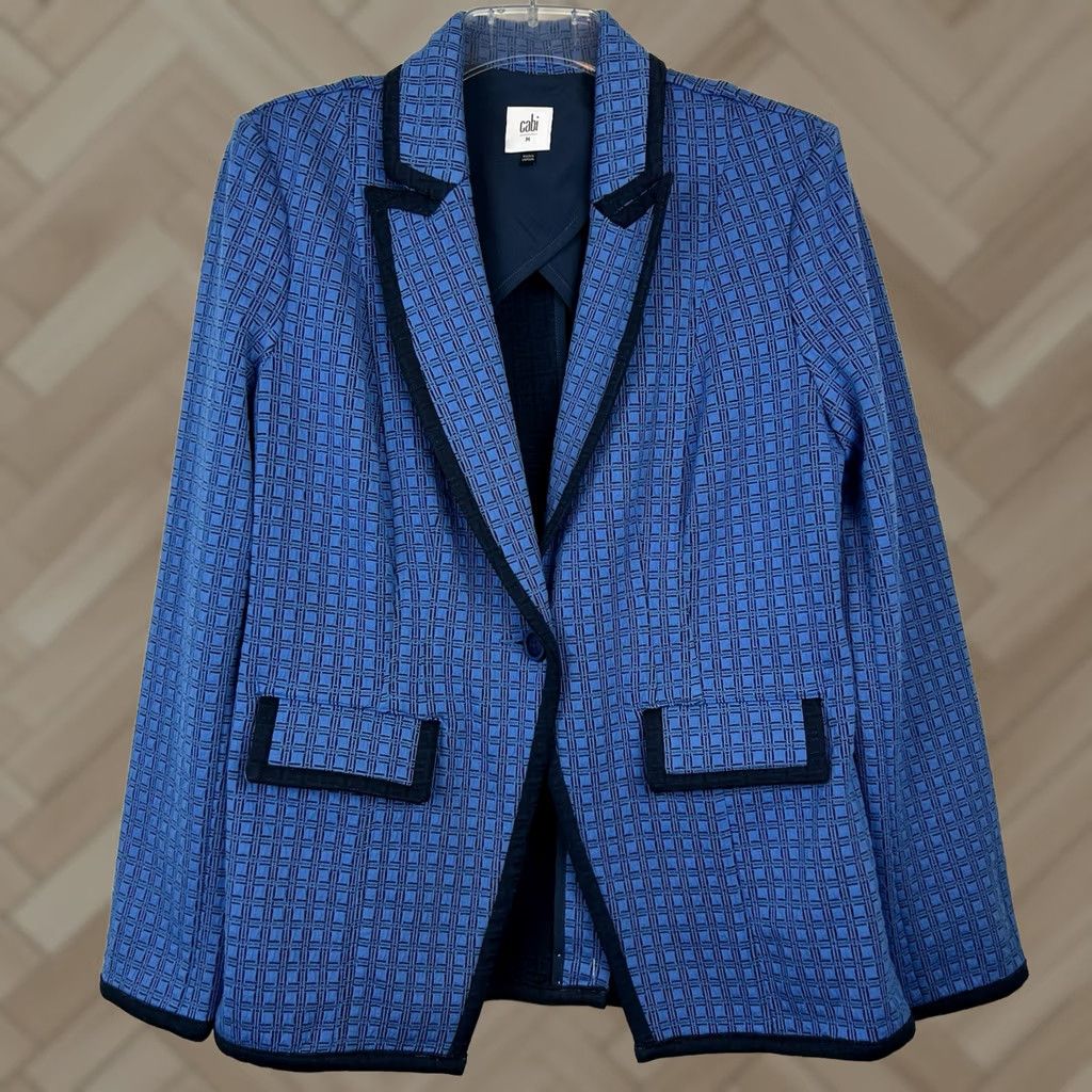 Vintage CAbi Scholarship Blazer Medium Blue Geometric Print Ponte Knit Style 6027 Office Women Size M / US 6-8 / IT 42-44 - 1 Thumbnail