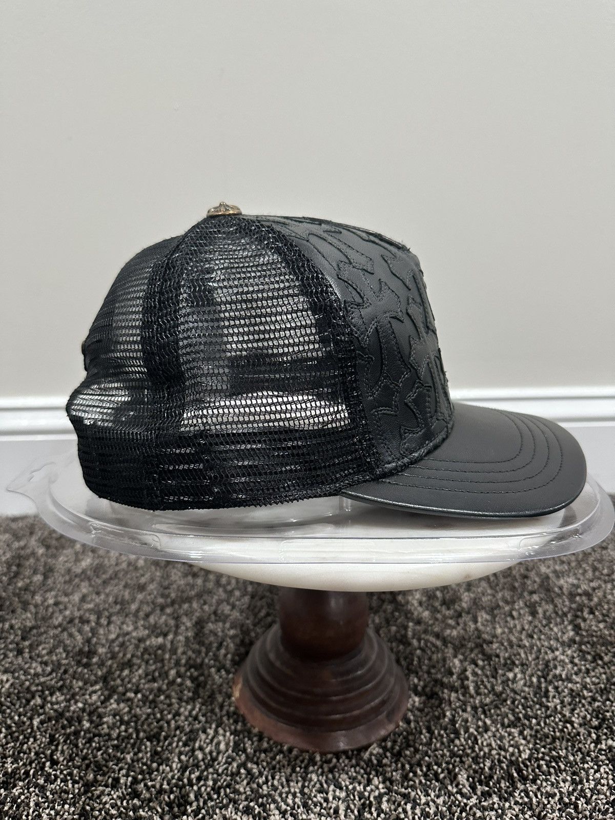 Chrome Hearts Leather Cemetery Cross Patch Black Trucker Hat
