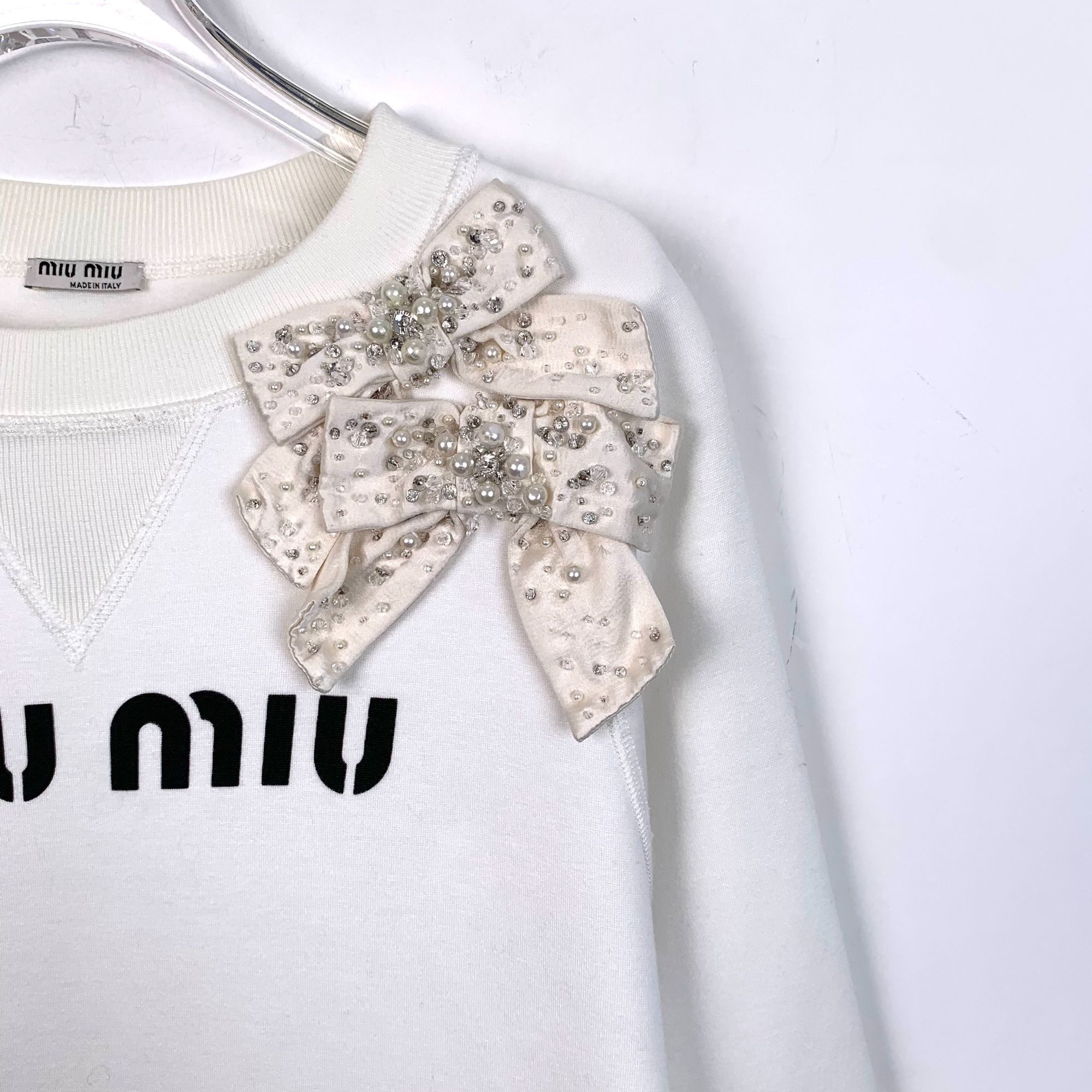 Miu Miu Miu Miu White Cotton Beaded Bow Embellished Long Sleeve Swea Size XS / US 0-2 / IT 36-38 - 9 Thumbnail