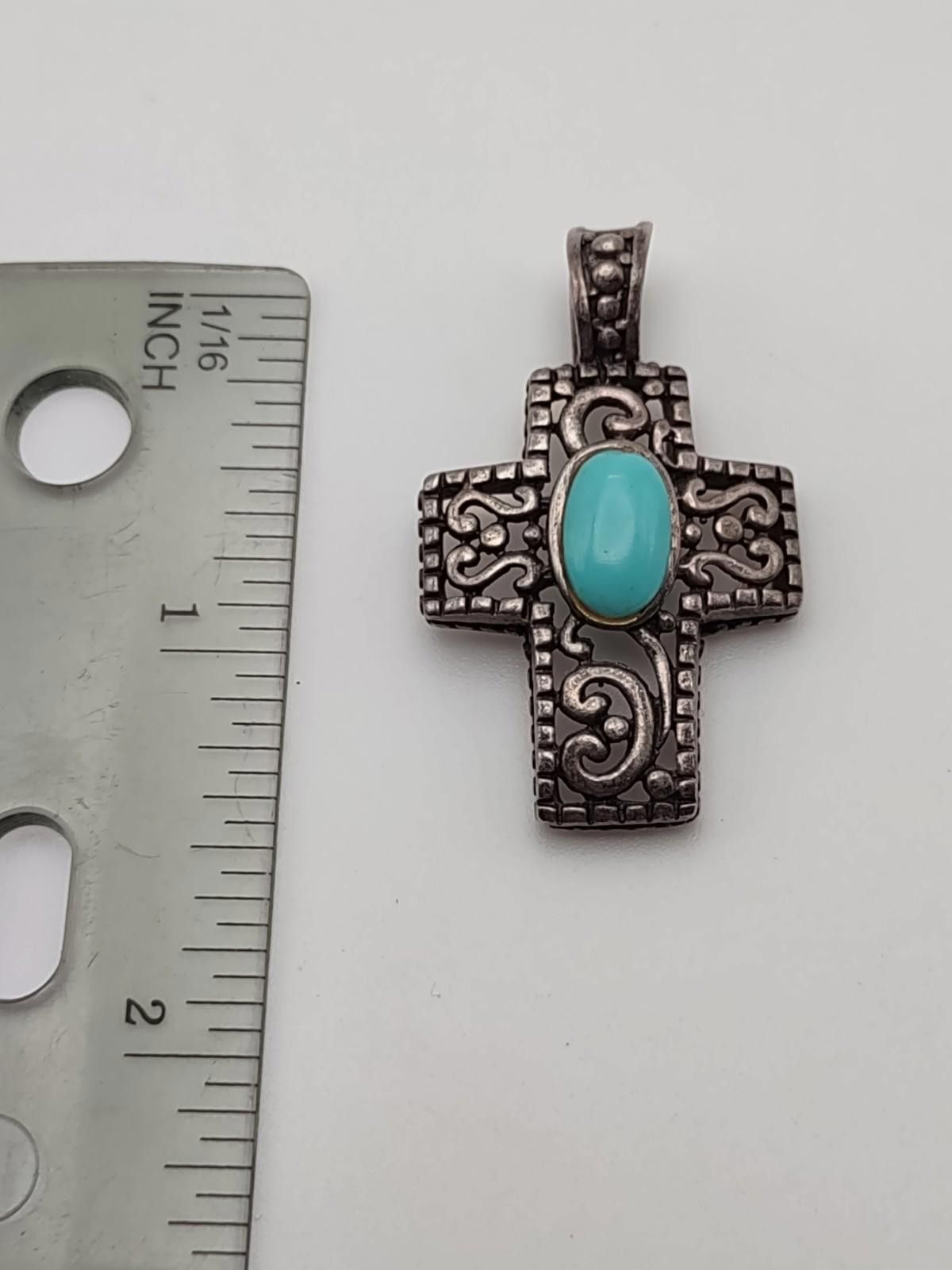 The Unbranded Brand Sterling Silver Turquoise Cross Pendant Sw Artisan Filigree Size ONE SIZE - 5 Thumbnail