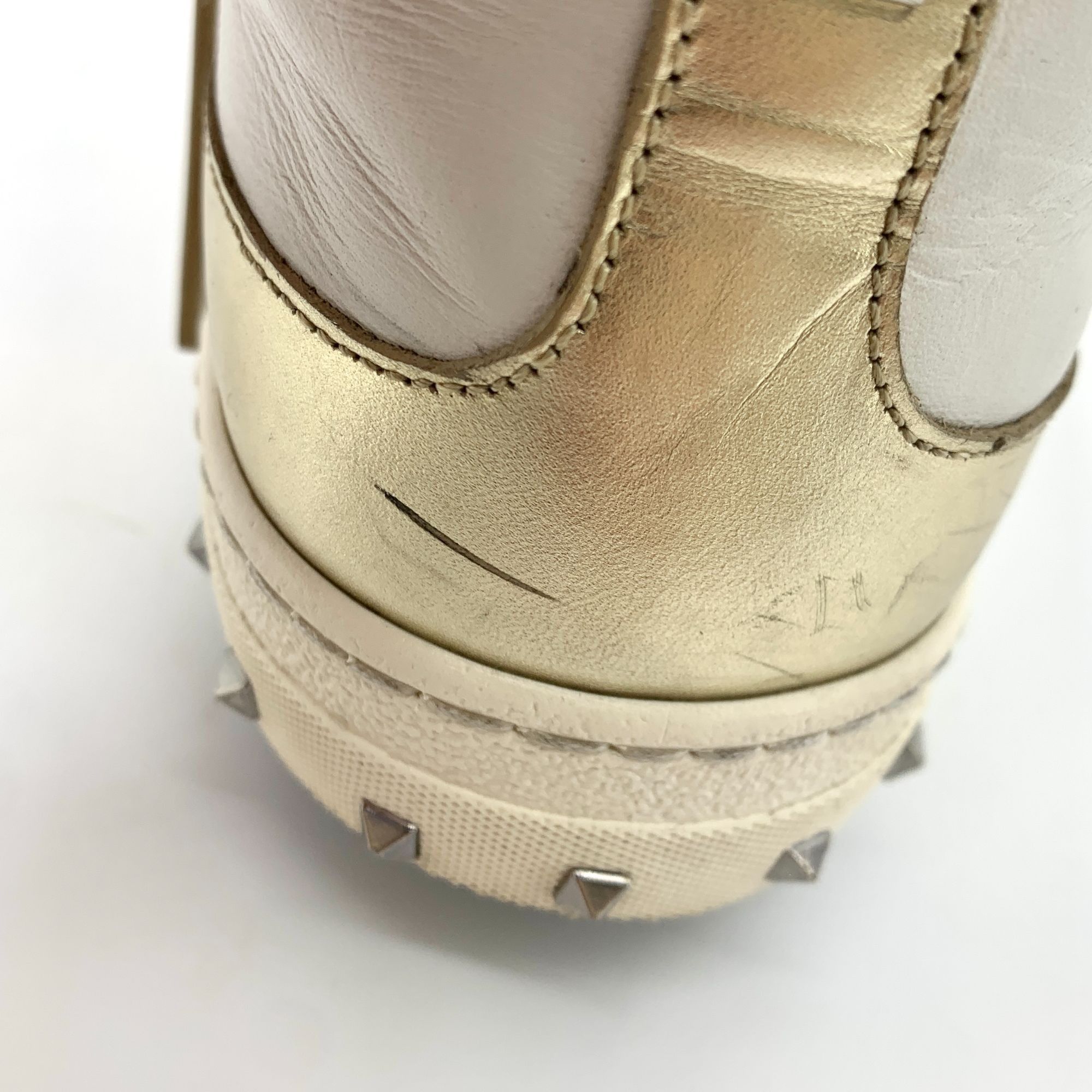 Valentino Valentino White & Gold Leather Studded Strap Sneakers Size US 7 / IT 37 - 8 Thumbnail