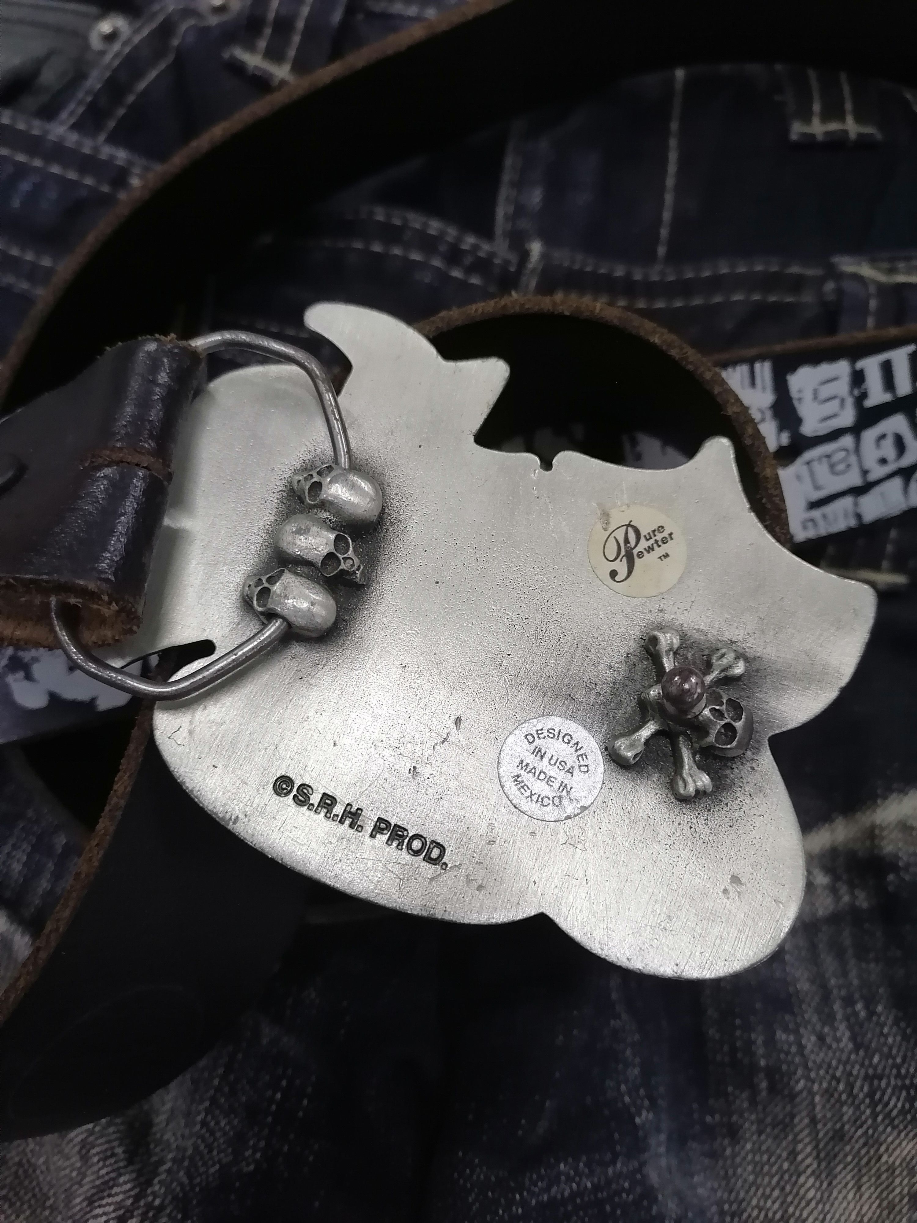 Genuine Leather S.R.H Pure Pewter Big Buckle Over Print Leather Belts Size ONE SIZE - 5 Thumbnail
