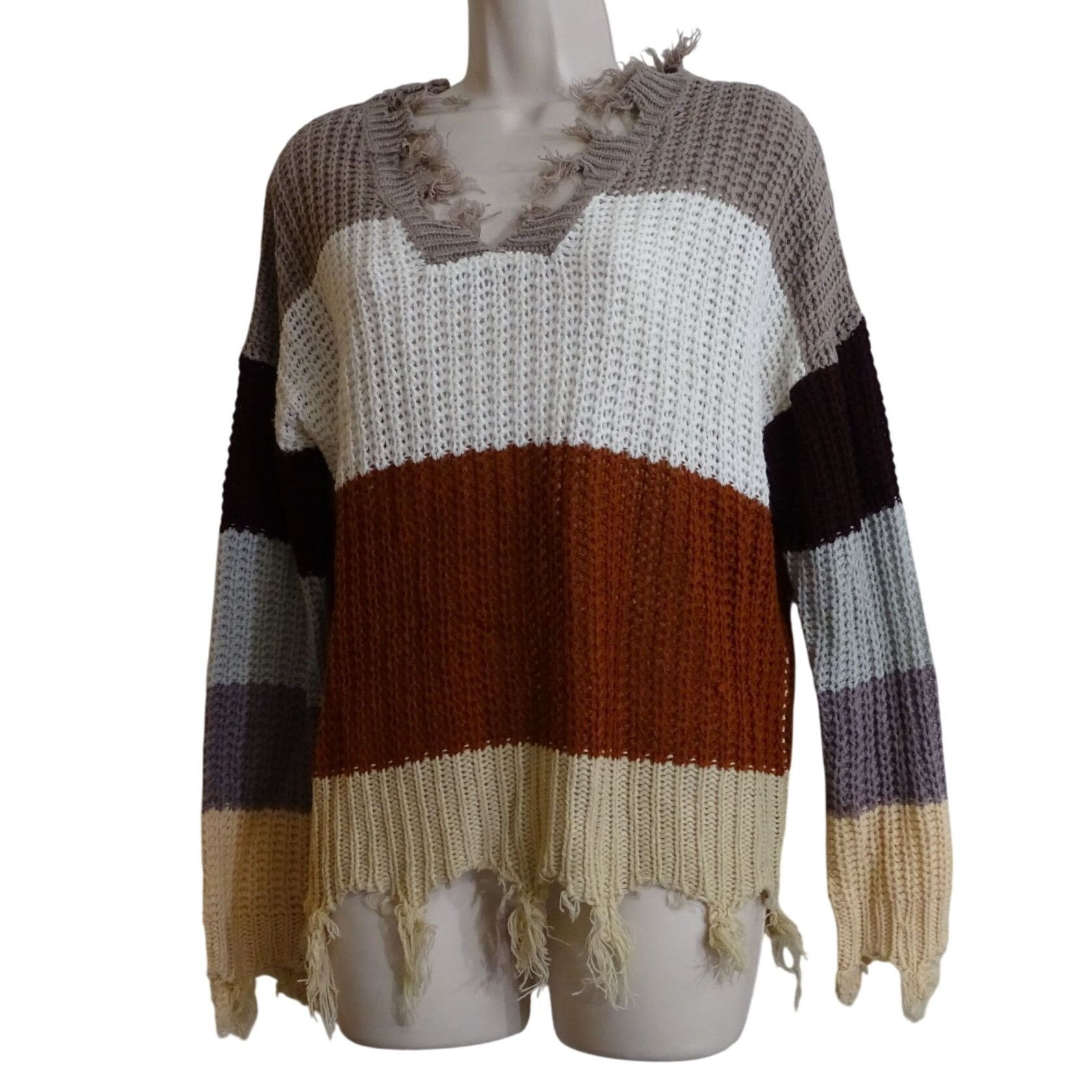 Other Runway 7 Striped Knit Sweater Brown Tan Frayed V-Neck Size M Size M / US 6-8 / IT 42-44 - 1 Thumbnail