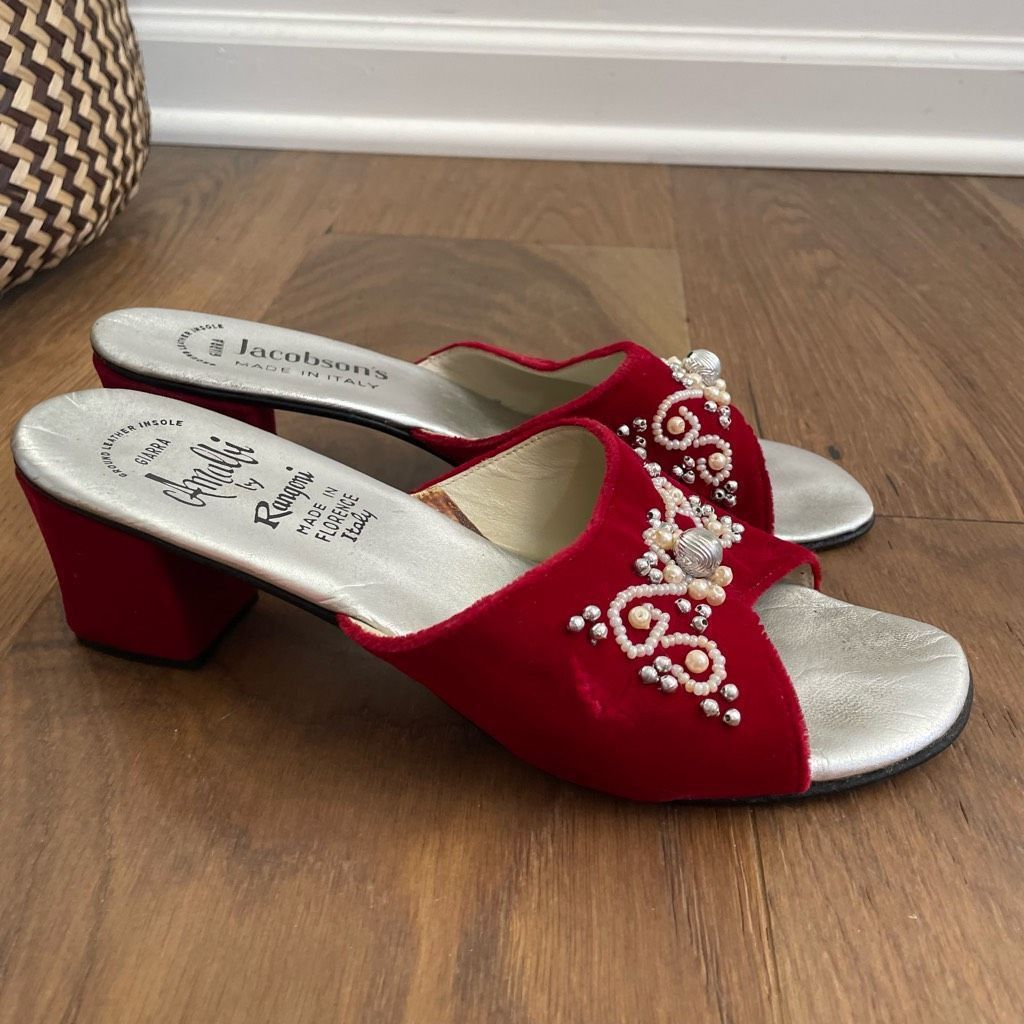 Other 70s Amalfi by Rangoni Red Velvet Open Toe Mules Block Heel 7 Size US 7.5 / IT 37.5 - 1 Thumbnail