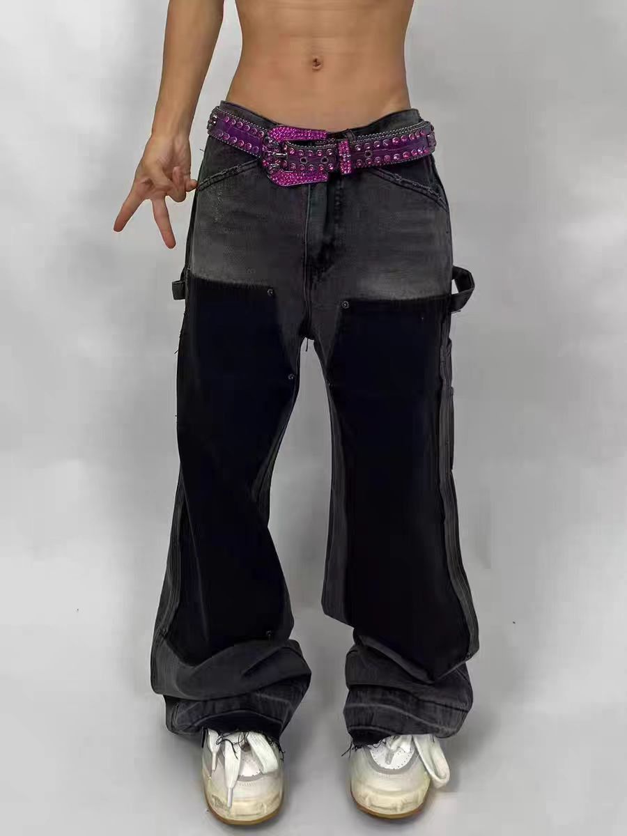 Vintage style washed irregular patchwork micro flare jeans