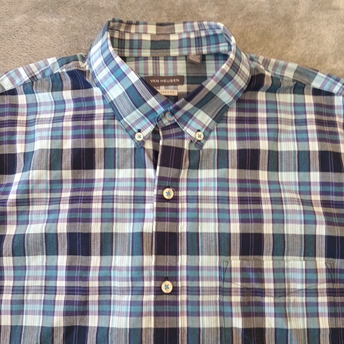 Van Heusen Van Heusen Shirt Mens Large Purple Plaid Short Sleeve Button-Down Collar Classic Casual Regular Cotton Blend Size US L / EU 52-54 / 3 - 3 Thumbnail