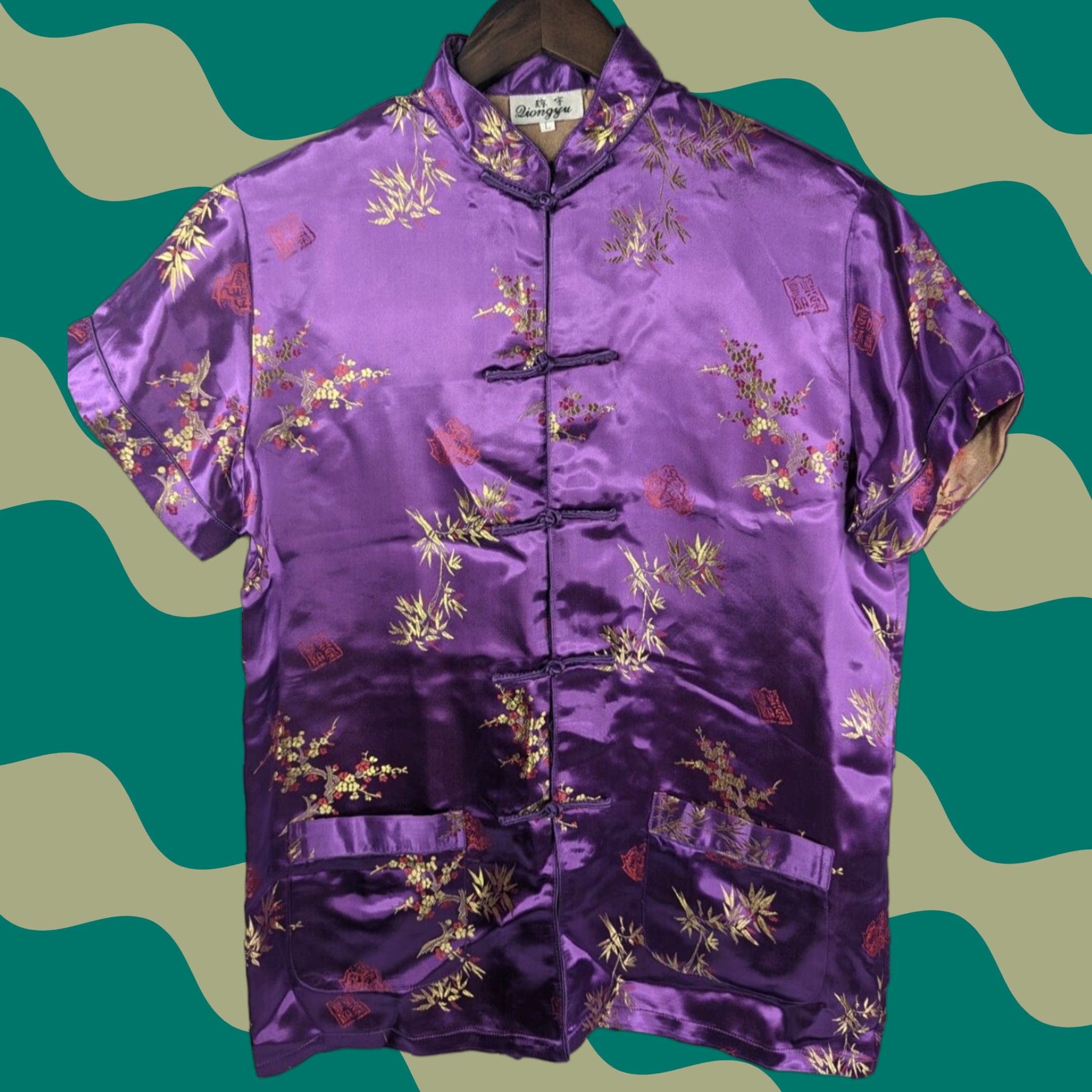 Vintage Diongyu Blouse Short Sleeve Satin Purple Front Pockets Size L Womens Size L / US 10 / IT 46 - 1 Thumbnail