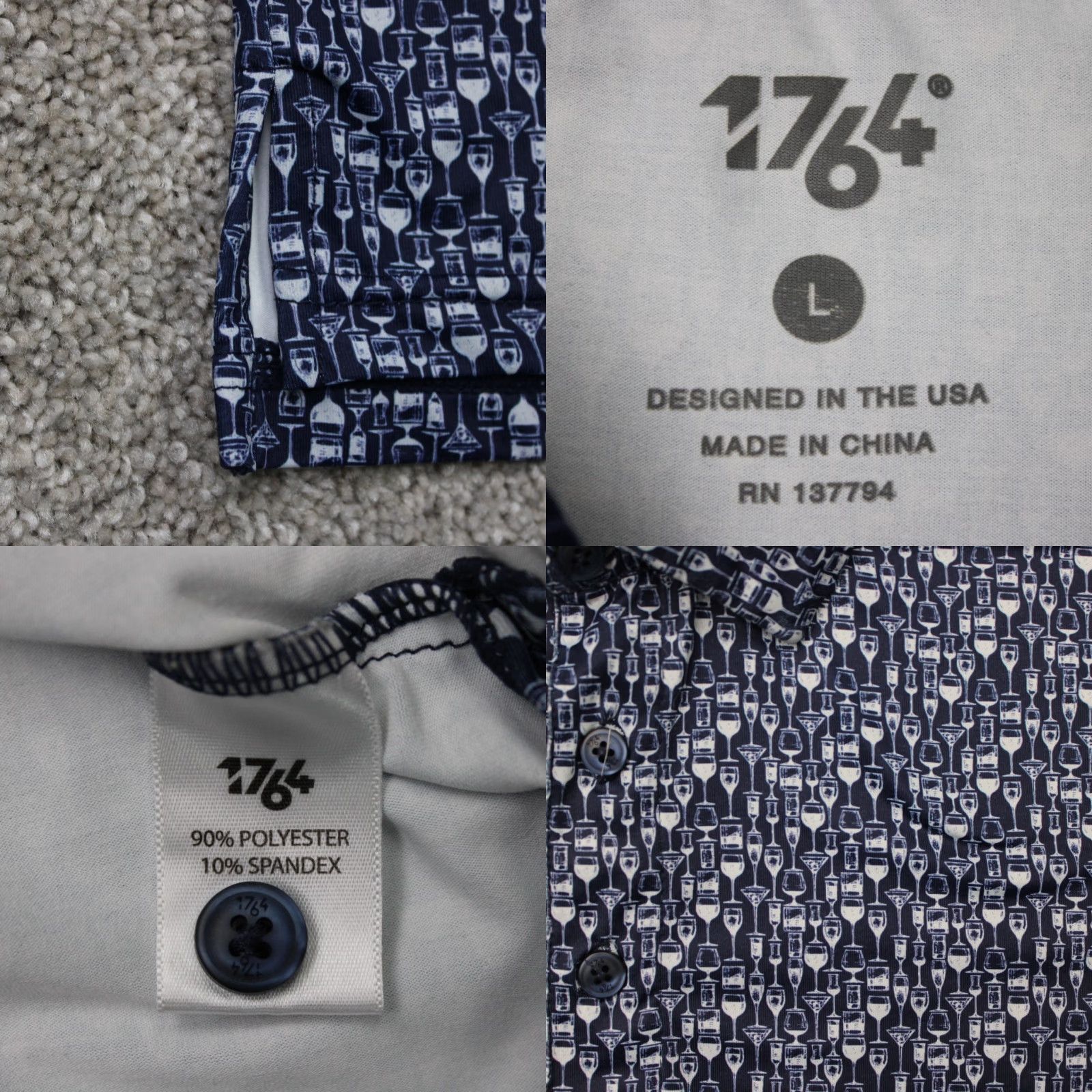 Vintage 1764 Polo Shirt Mens Large Blue Geometric Print Short Sleeve Polo Shirt Large Blue 1764 Sports Golf Casual Men’s Shirt Material Polyester Spandex Size US L / EU 52-54 / 3 - 8 Thumbnail