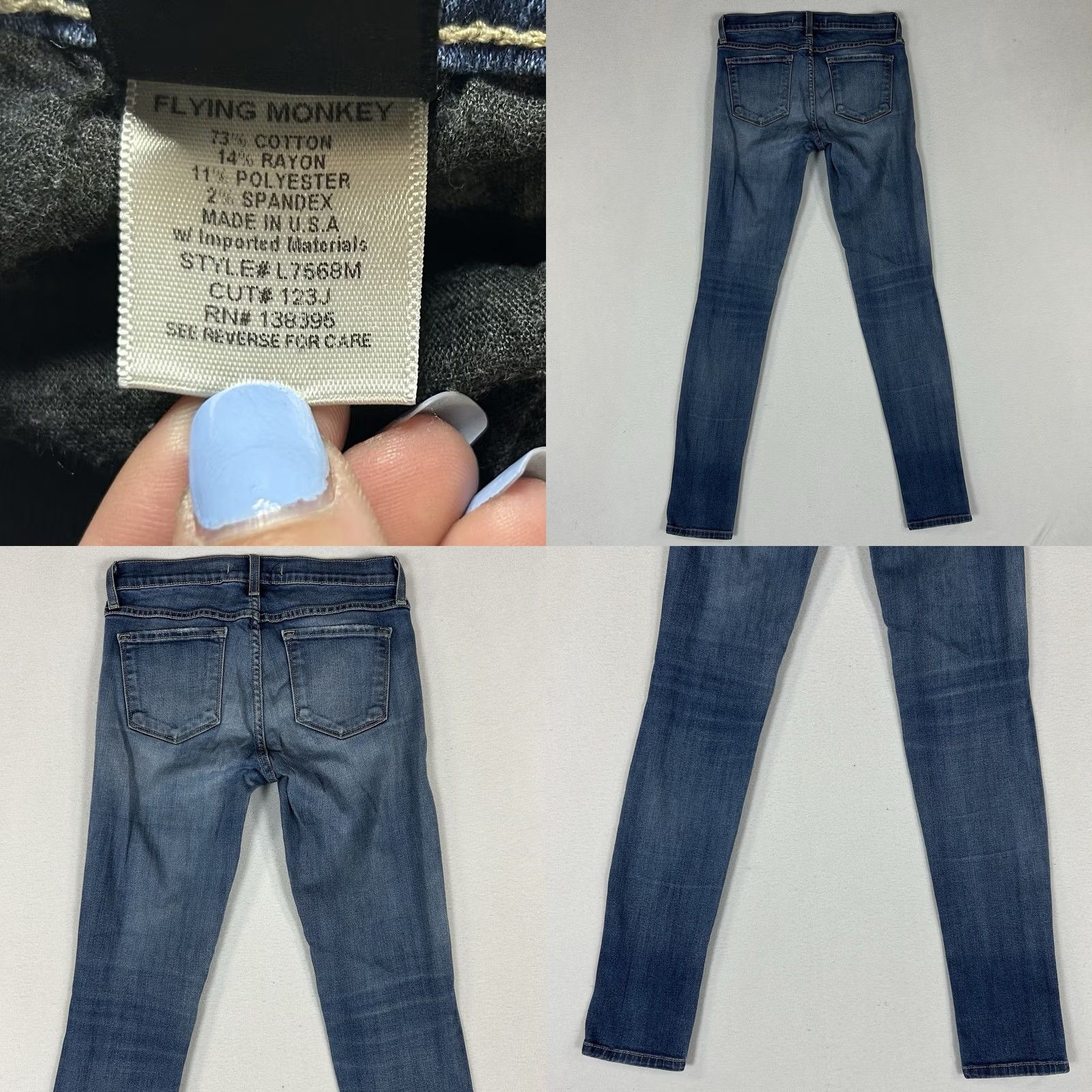 Vintage Flying Monkey Jeans Womens Size 27 Blue Denim Distressed Stretch Skinny Low Rise 5-Pocket Denim Pants Women Size 27" / US 4 / IT 40 - 8 Thumbnail