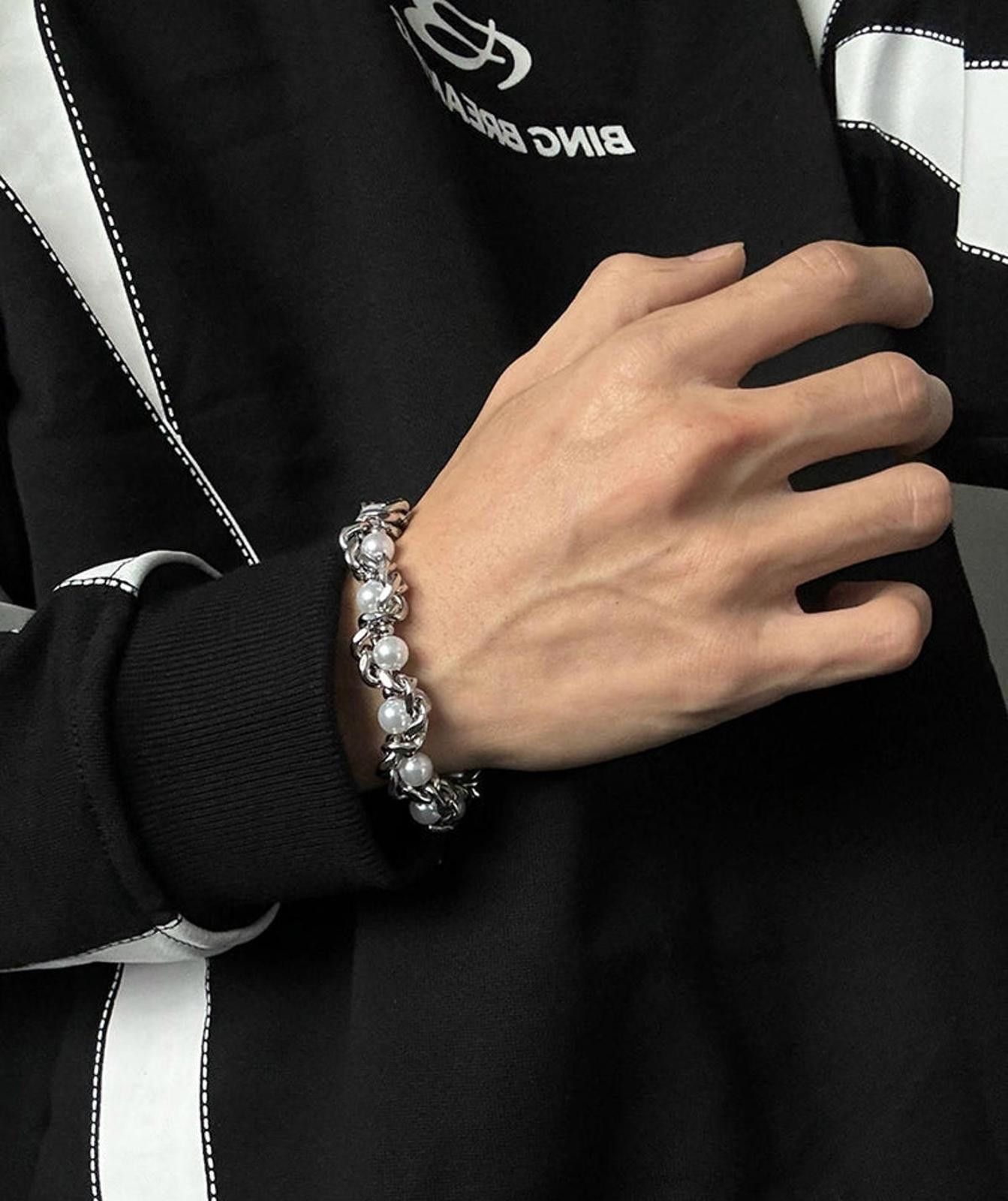 Jewelry Silver Pearl Accent Chain Link Bracelet, Men's Jewelry Size ONE SIZE - 2 Thumbnail