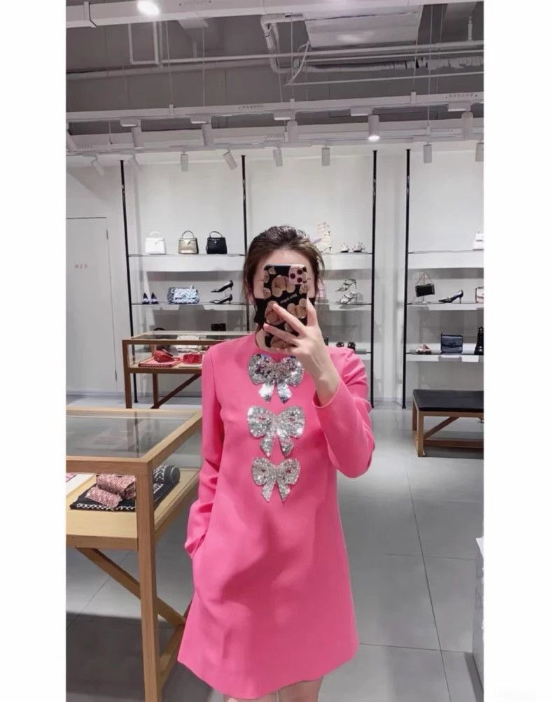 valentino pink dress Midi In Shiny-matte Jacquard With Logo-stripe Woman Fuchsia 40 116 cm / 45.7 in Valentino Pink heavy-duty silk fur