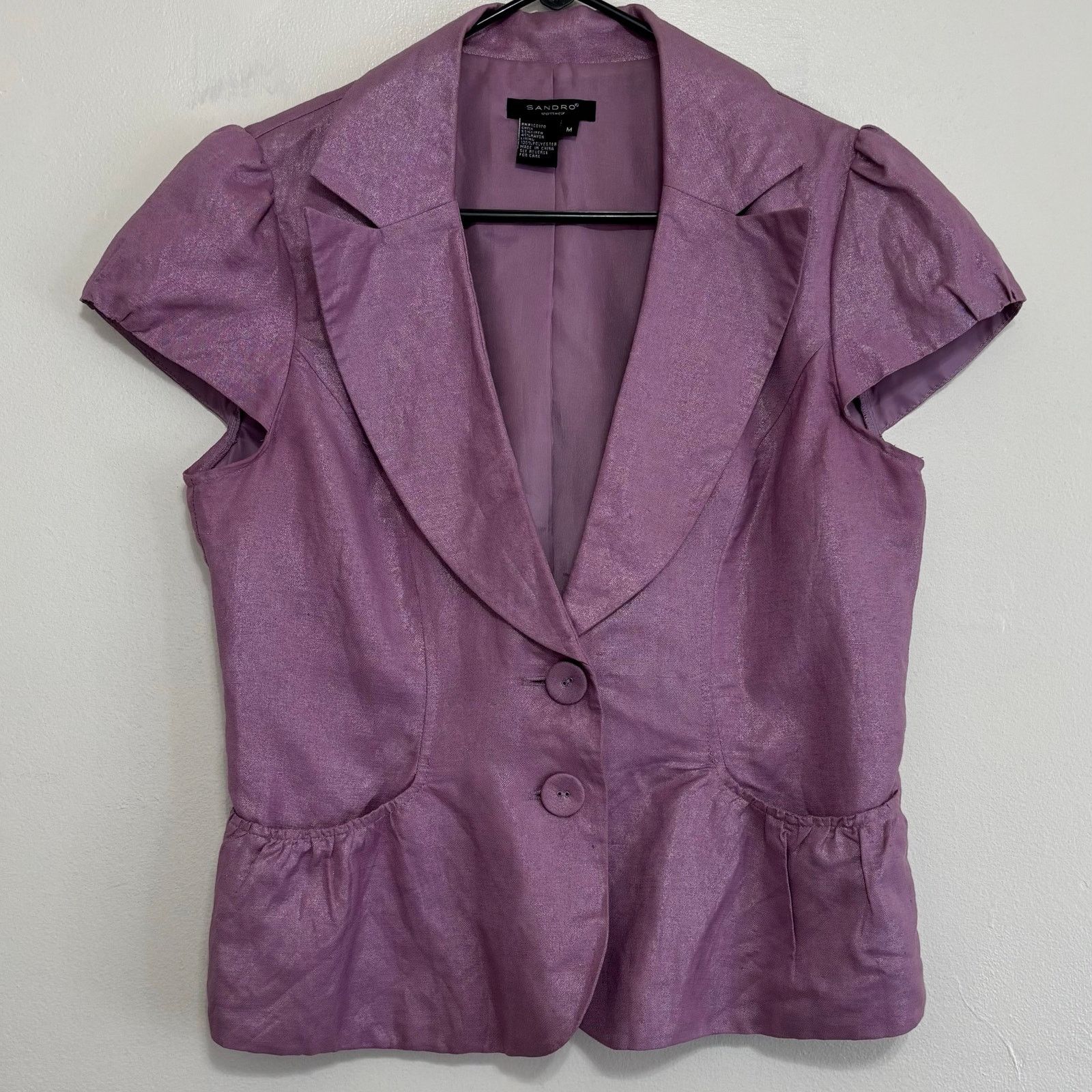 Sandro Lilac Linen Blend Puff Sleeve Peplum Blazer Top Med