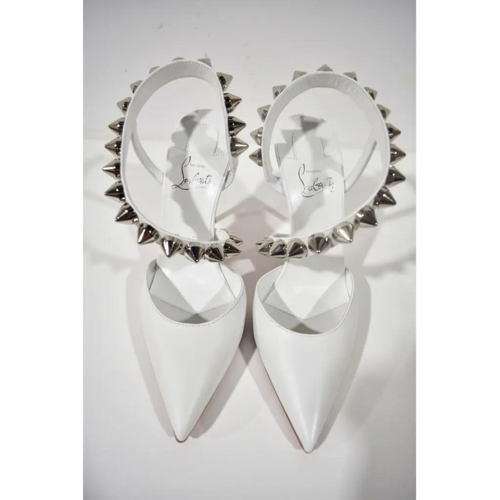 Christian Louboutin Spikita Pump 100 Bianco White Spike Strappy Sandal Heel 42 Size US 12 / IT 42 - 6 Thumbnail