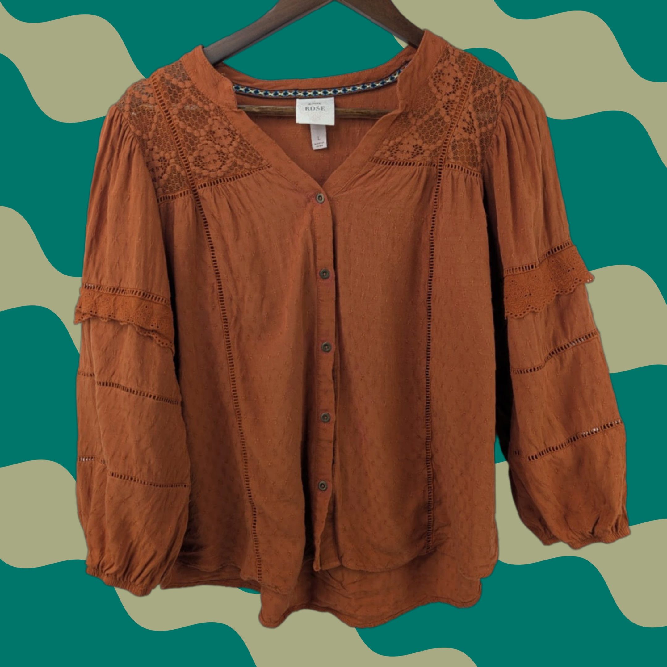 Vintage Knox Rose Blouse Women's Size L Balloon Sleeve Peasant Rayon Orange Venture Rust Boho Shirt Size L / US 10 / IT 46 - 1 Thumbnail