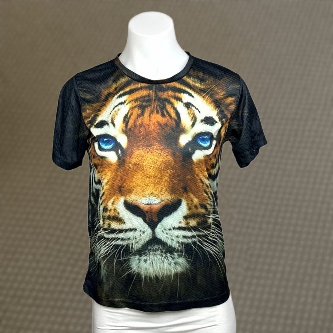 Tiger Animal Print Graphic T-Shirt Women’s Xs Short Sleeve Mesh Black Top, Women's