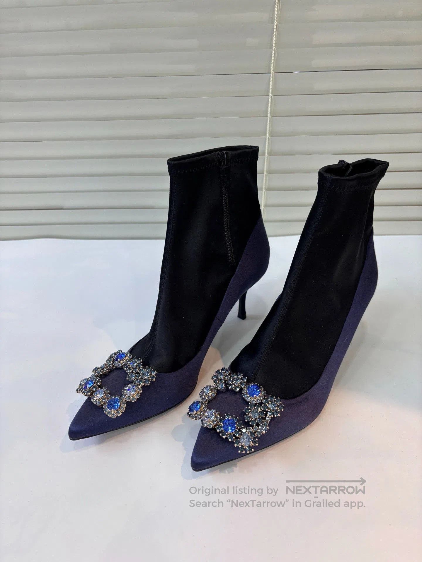 Roger Vivier RV Blue Satin Diamond Buckle Ankle Boots. Size US 5 / IT 35 - 2 Thumbnail