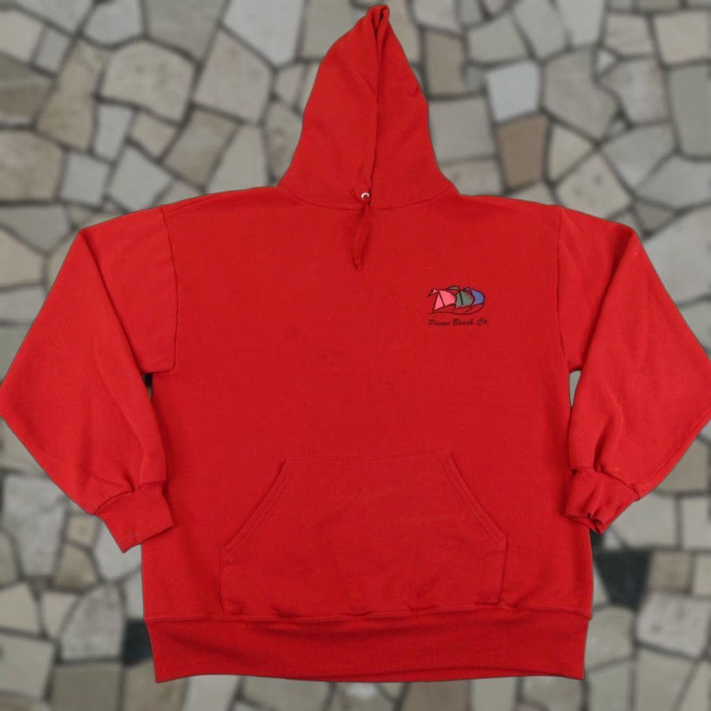 VINTAGE Jerzees Pismo Beach Hoodie Mens Large Red Pullover Sweatshirt Logo Knit Pullover 90s Beach Outdoor Hooded Pockets Mens