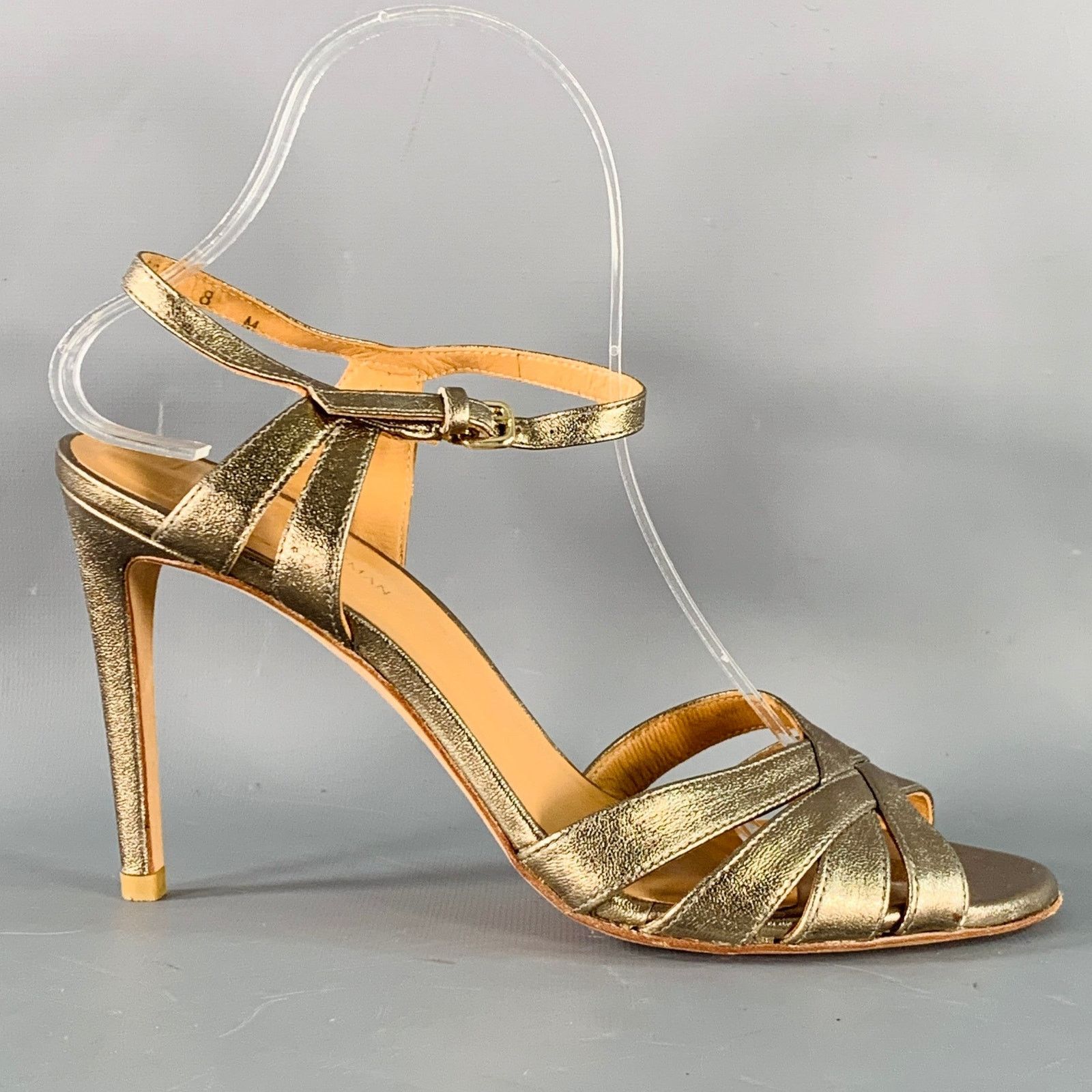 Stuart Weitzman Metallic Gold Leather Strappy Ankle Strap Sandals Size US 8 / IT 38 - 2 Thumbnail