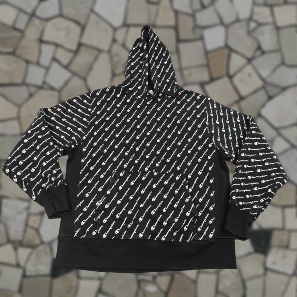 Champion Champion Hoodie L Black Reverse Weave All Over Print AOP Pullover Sweatshirt Men Large Graphic Print Hooded with Pockets Size US L / EU 52-54 / 3 - 1 Thumbnail