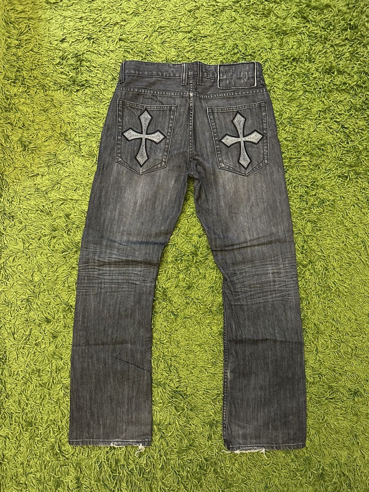rare Y2K Helix Double Cross boot cut embroidered jeans