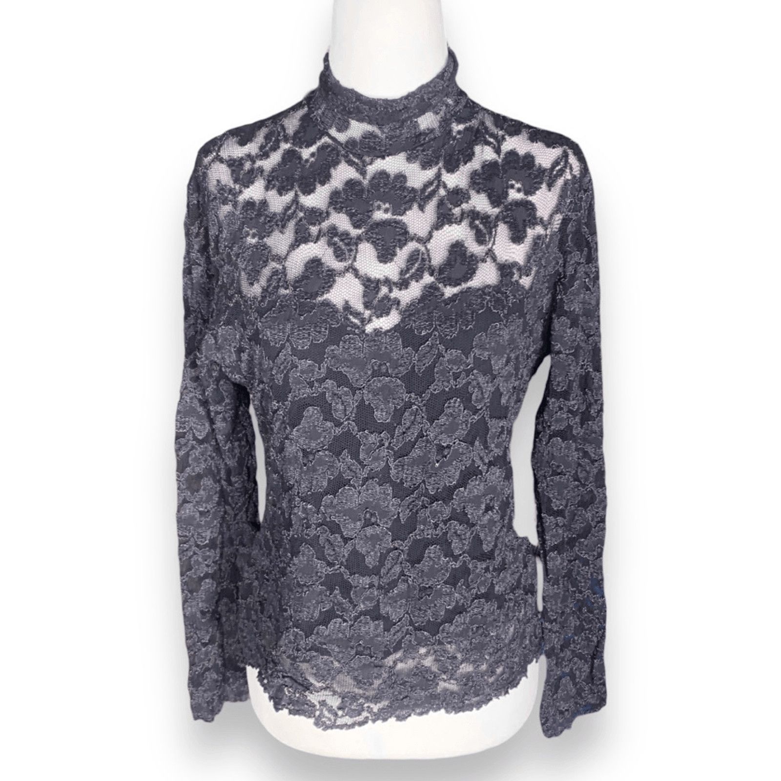 Henri Bendel × Vintage Vintage Henri Bendel Sheer Blouse Black Floral Lace Mockneck Size S / US 4 / IT 40 - 2 Thumbnail