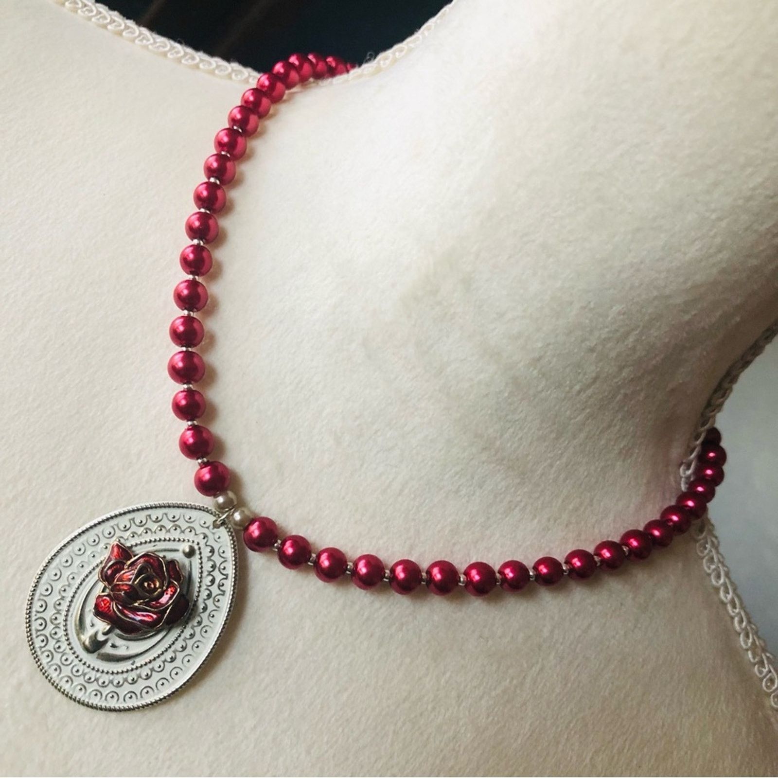Handmade Handcrafted repurpose red rose filigree Pearl necklace Size ONE SIZE - 1 Thumbnail