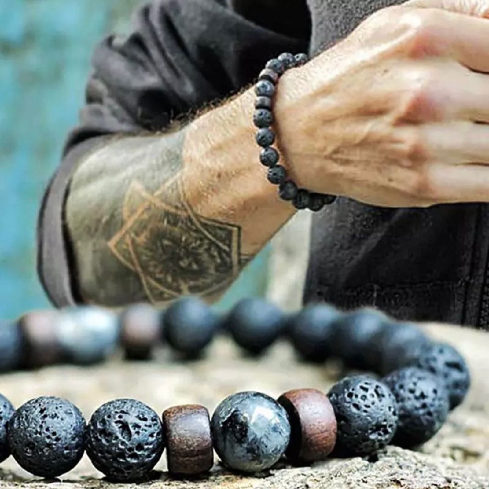 Other Volcanic Stone Bracelet for Men Lava Wooden 8mm Beads Size ONE SIZE - 1 Thumbnail