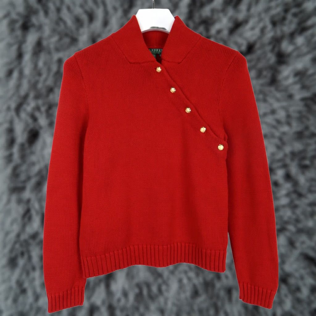 Ralph Lauren RALPH LAUREN Lauren Jumper Women's MEDIUM Red Rib Knitted Button Pure Cotton Size M / US 6-8 / IT 42-44 - 1 Thumbnail