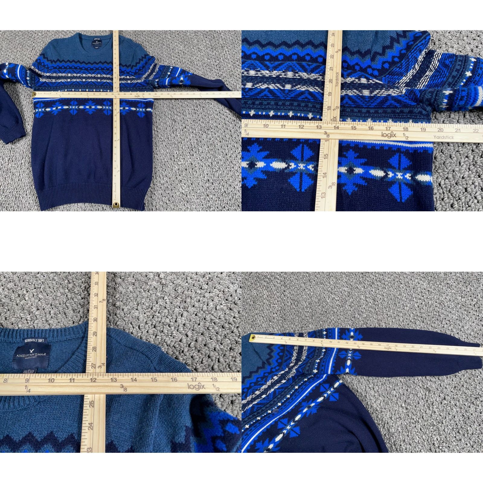 American Eagle Outfitters AMERICAN EAGLE OUTLETTERS Geometric Pattern Sweater Big & Tall LT Dark Blue Chunky Knit Pullover Mens 90s Retro Size US L / EU 52-54 / 3 - 8 Thumbnail