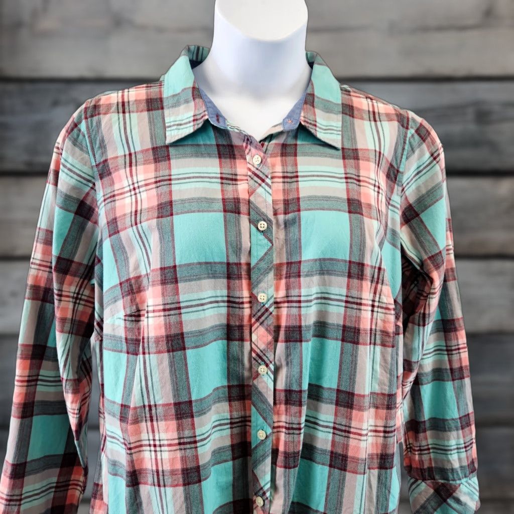 Talbots Talbots Shirt Womens 1X Pink Aqua Plaid Long Sleeve Cotton Button Front Size XL / US 12-14 / IT 48-50 - 1 Thumbnail