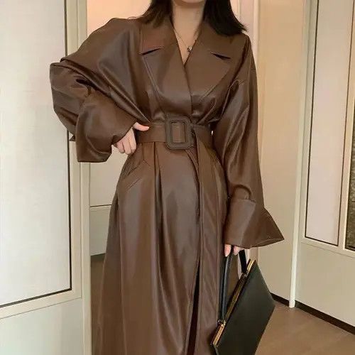 Retro brown design pu leather loose coat