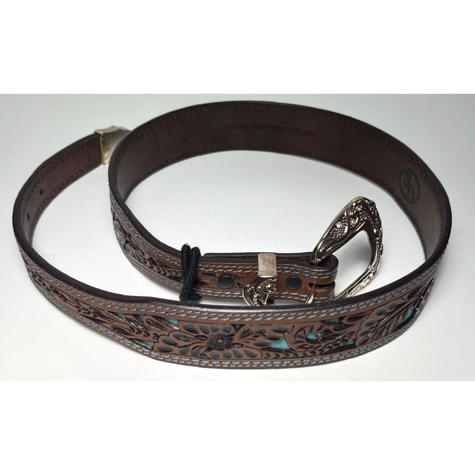 Vintage VINTAGE 3D Tooled Leather Belt Removable Silver Buckle Floral Turquoise Inlay S/M Women's Brown 3D Western Leather Cowgirl Buckle Swap 35.5” Size ONE SIZE - 3 Thumbnail