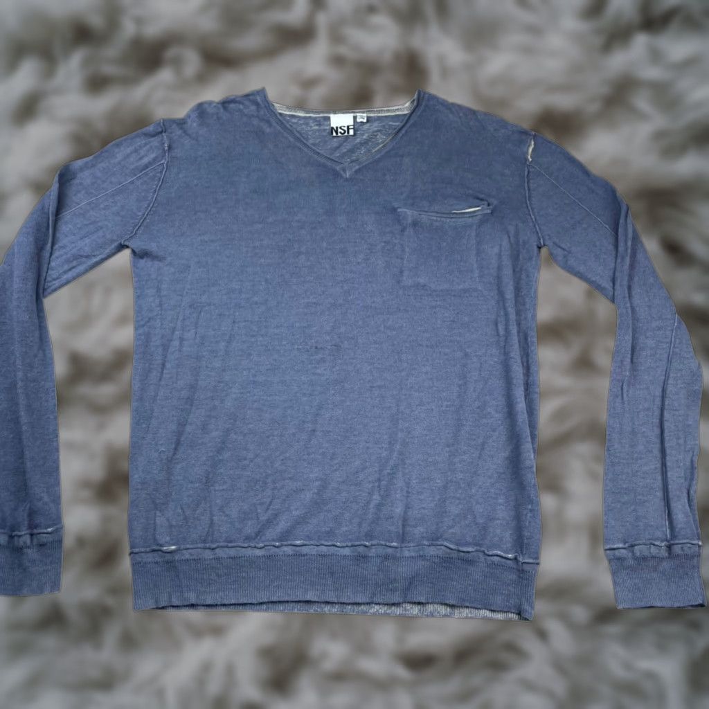 Vintage NSF Men’s Linen/Cotton V-Neck Pullover Pocket Sweater Blue Medium Size US M / EU 48-50 / 2 - 1 Thumbnail
