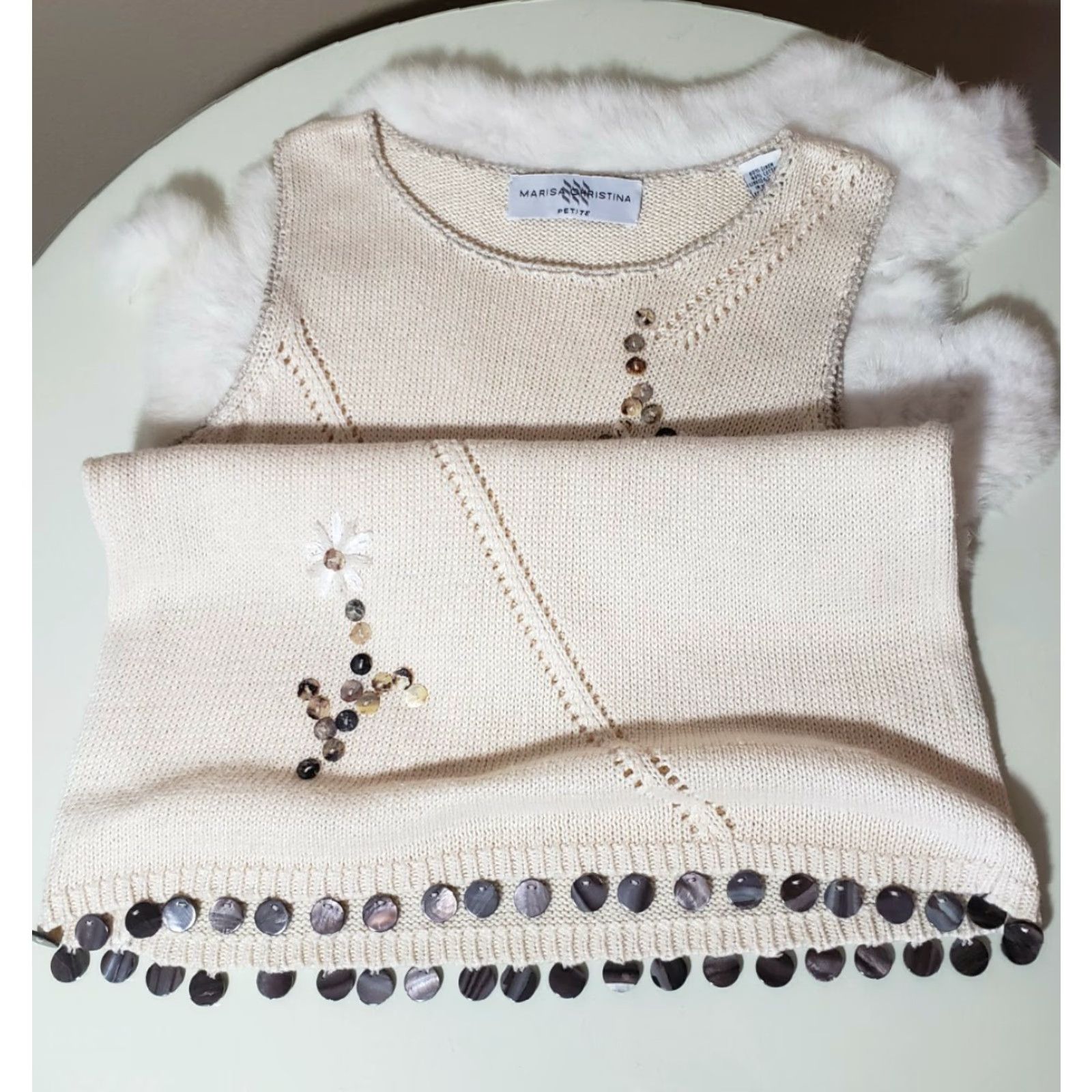 Vintage VINTAGE Marisa Christina VTG Womens |XSP| Petite Embellished Linen/Cotton Blend Tank Sweater Beaded Hem Bohemian 60% Linen/40% Cotton Womens Size XS / US 0-2 / IT 36-38 - 2 Thumbnail