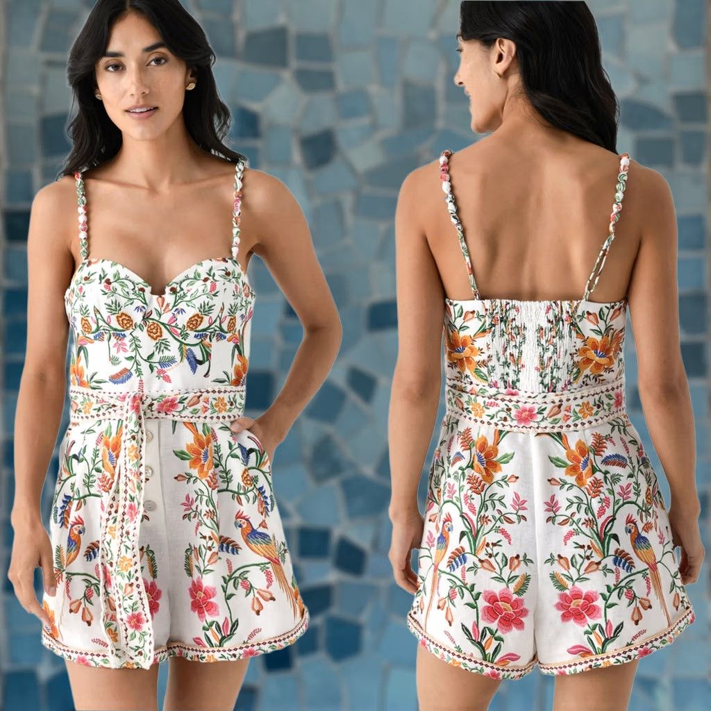 Farm Rio Farm Rio Delicate Forest Off-White Euroflax Premium Linen Romper Women's XXS NEW Size 24" / US 00 / IT 34 - 1 Thumbnail