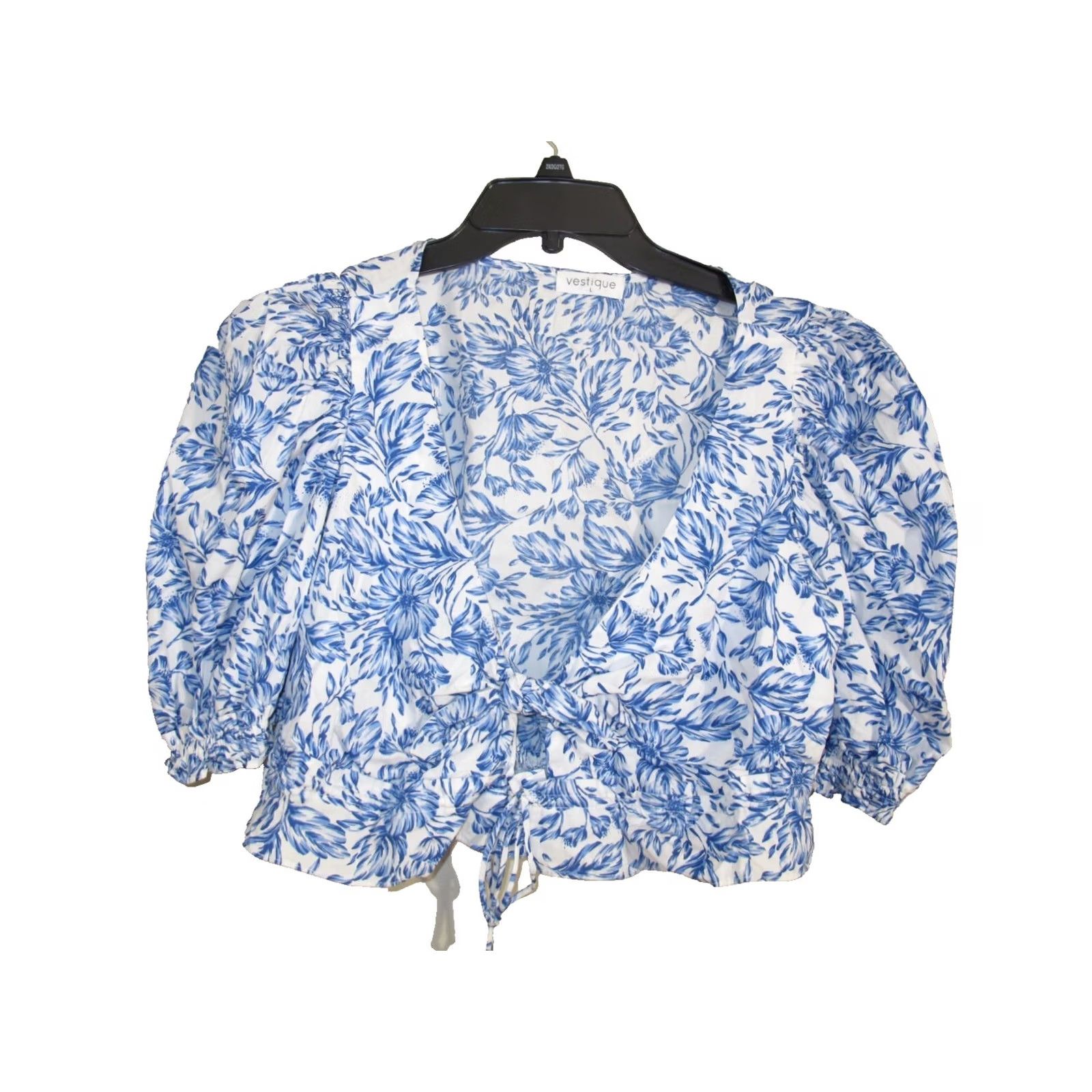 Vintage Vestique Crop Top Women's L Blue White Floral 100% Cotton Puff Sleeve Tie Front Shirt Cropped Blouse Vintage No N/A Size L / US 10 / IT 46 - 2 Thumbnail
