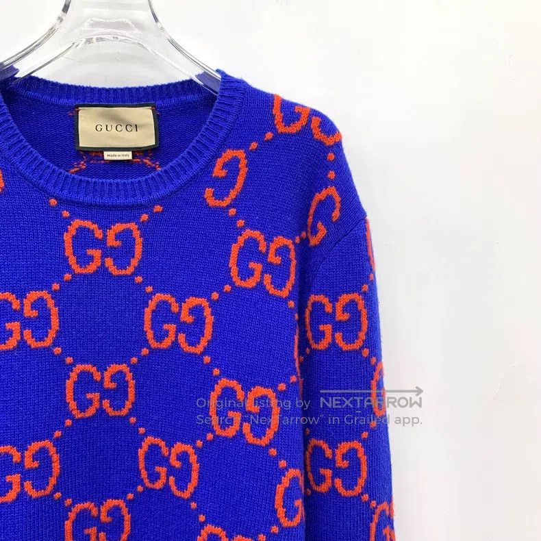Gucci Gucci 22 blue logo jacquard full-print wool round-neck lon Size US XL / EU 56 / 4 - 3 Thumbnail