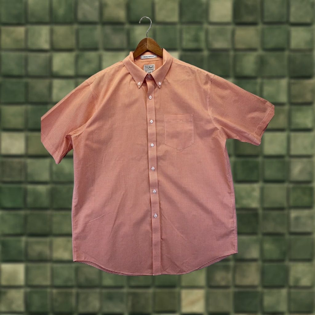 Vintage LL Bean Mens L Wrinkle Resistant Orange Gingham Button-Down Short Sleeve EUC Shirt Size US 33 - 1 Thumbnail