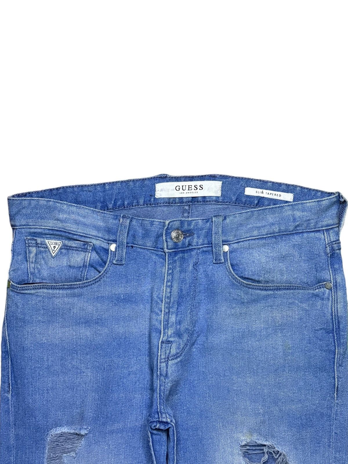 Guess × Vintage Vintage Guess Blue Wash Distressed Ripped Slim Tapered Jeans Size US 33 - 4 Thumbnail