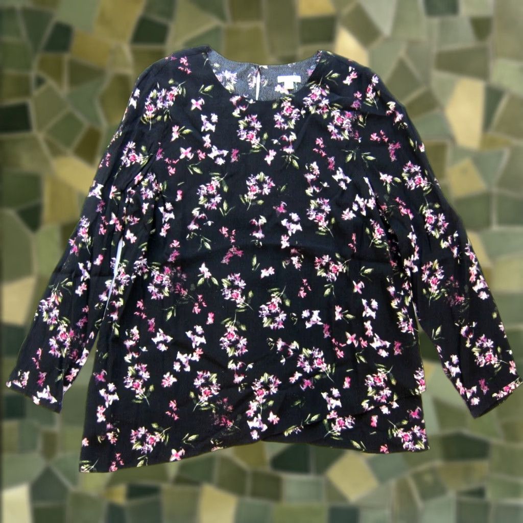 J. Jill VINTAGE J.Jill Rayon Black Purple Green White Floral Long Sleeve Tunic Blouse Large Size L / US 10 / IT 46 - 1 Thumbnail