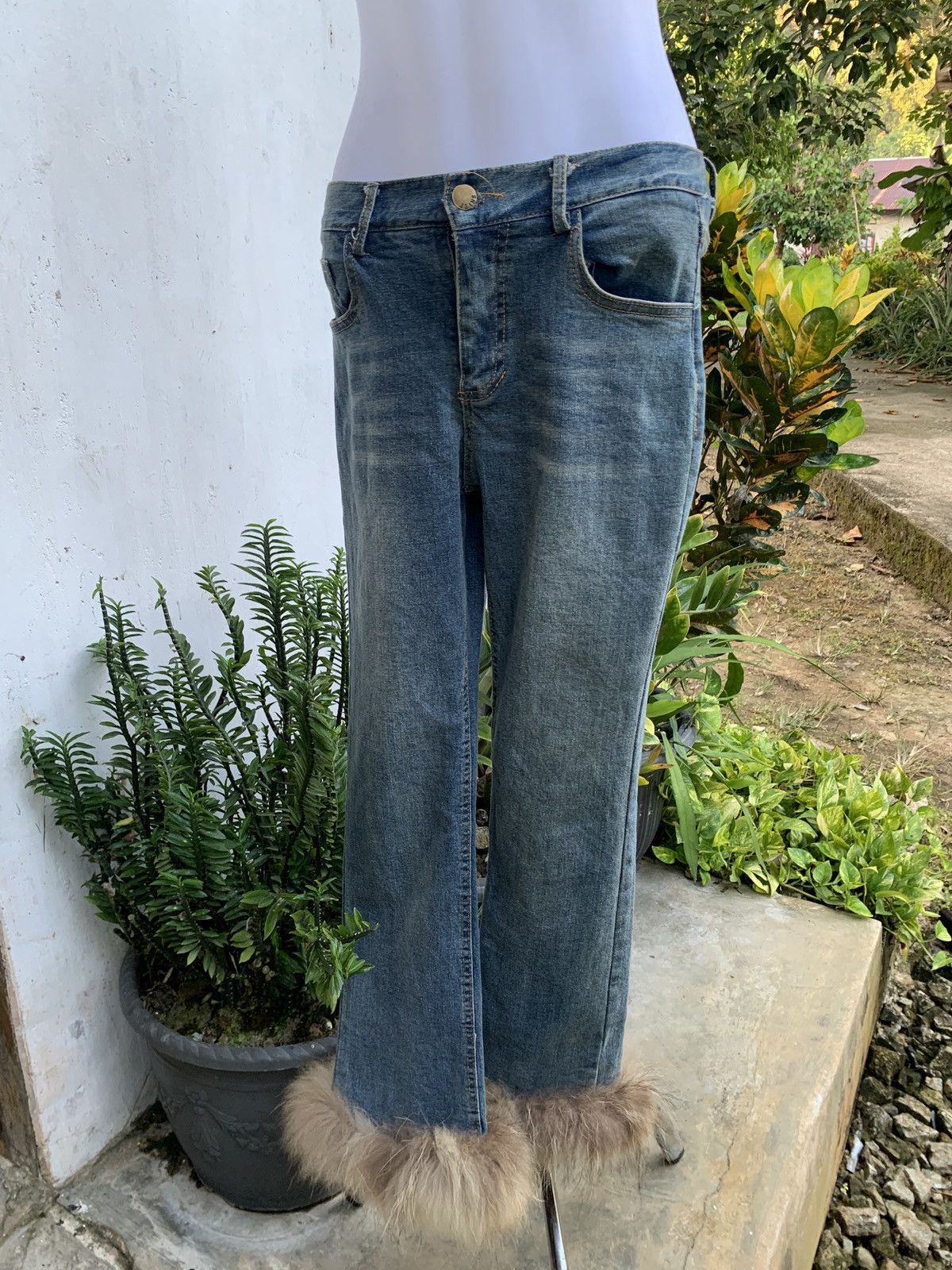 Japanese Brand IDA Blue With Furry Leg Stretchy Skinny Jeans Size 26" / US 2 / IT 38 - 2 Thumbnail