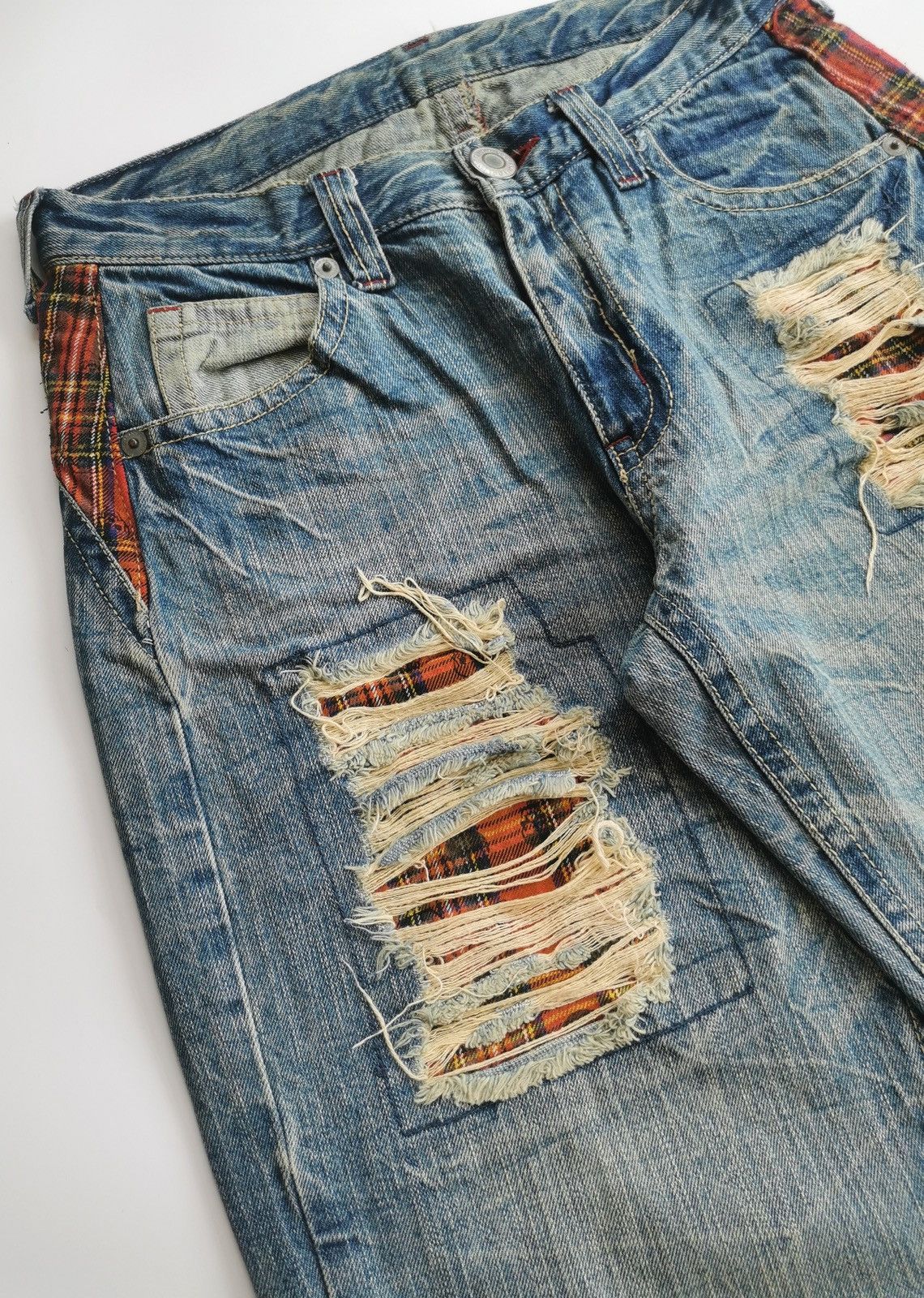 Seditionaries Skull Red Tartan Patchwork Tapered Denim Jeans Size US 30 / EU 46 - 4 Thumbnail