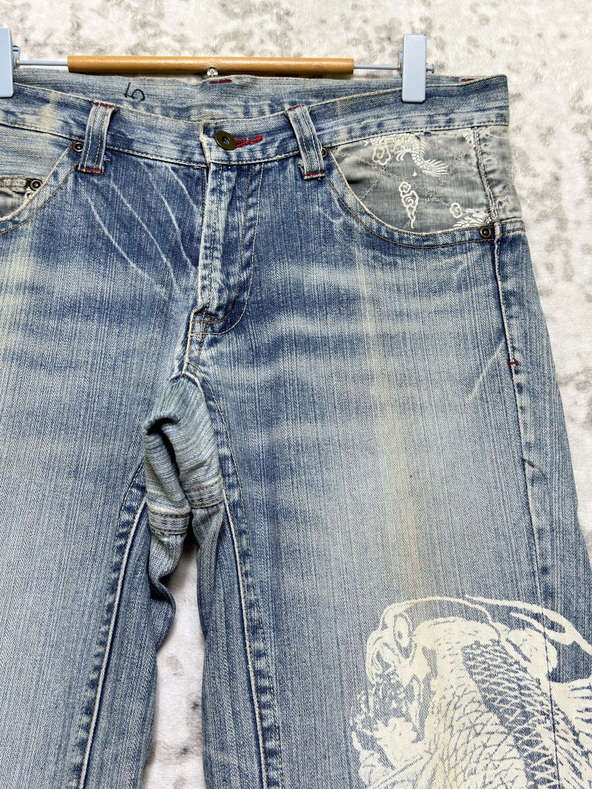 Karakuri Tamashii Tuwamono Japan Dragon Acid Wash Distressed Cropped Denim Size US 33 - 5 Thumbnail