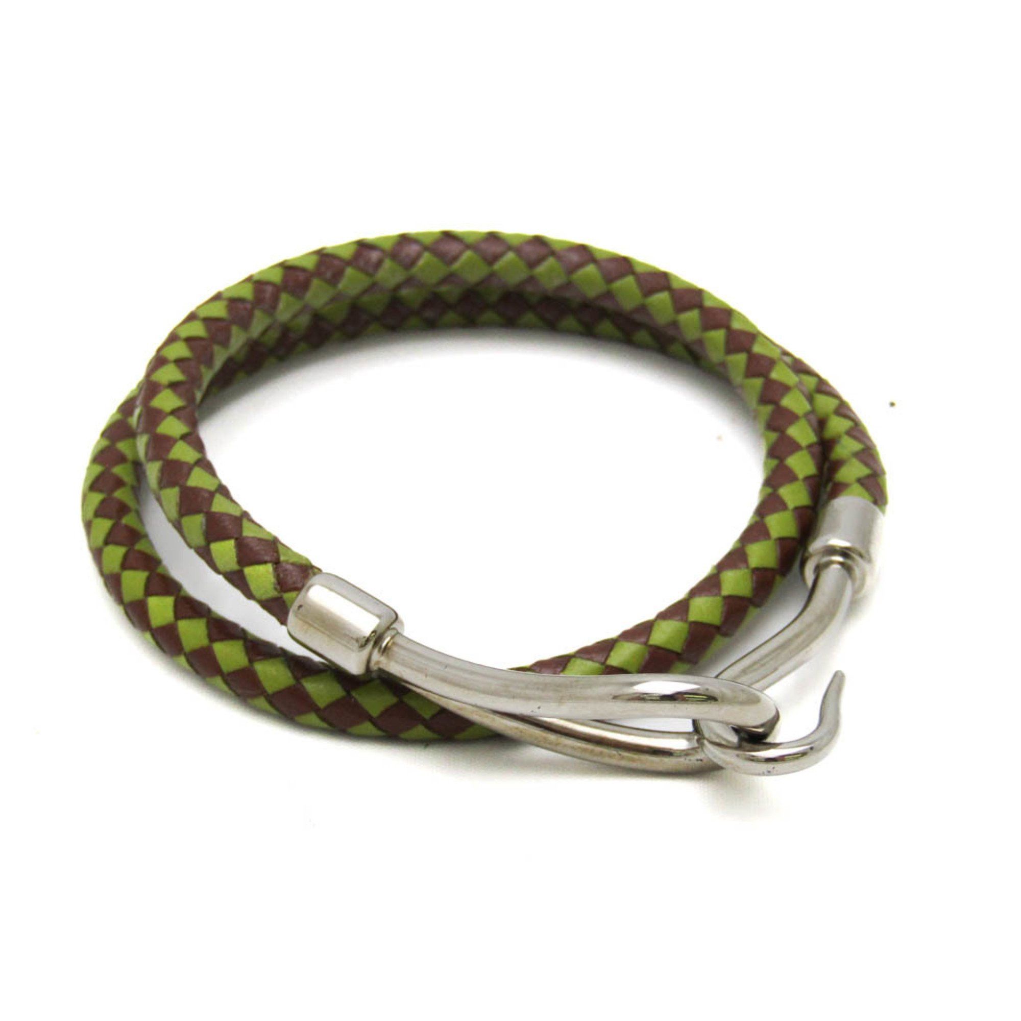 image of Hermes Jumbo Braided Choker Leather,metal Bangle Dark Brown,green,silver, Women's